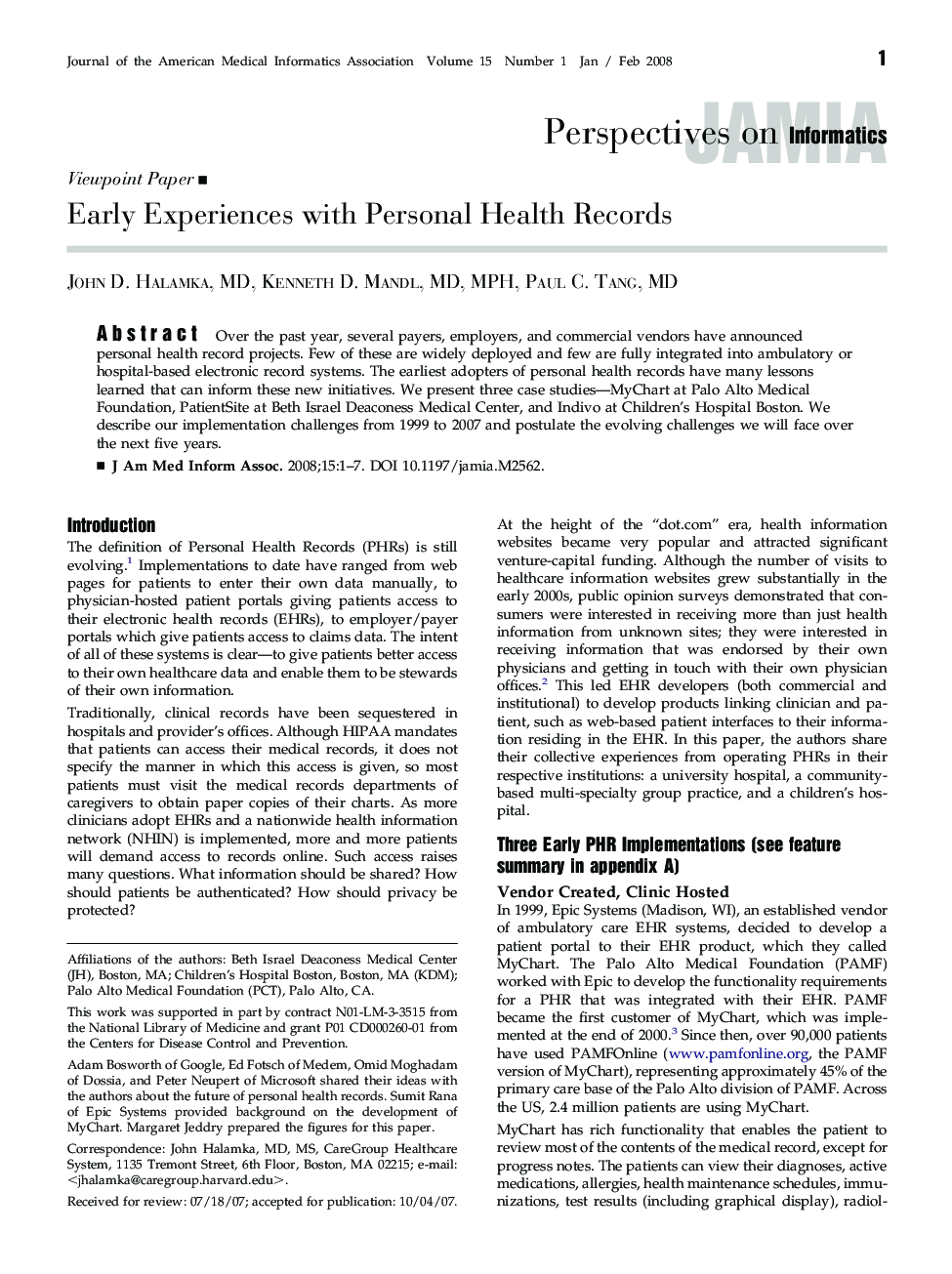 Early Experiences with Personal Health Records 