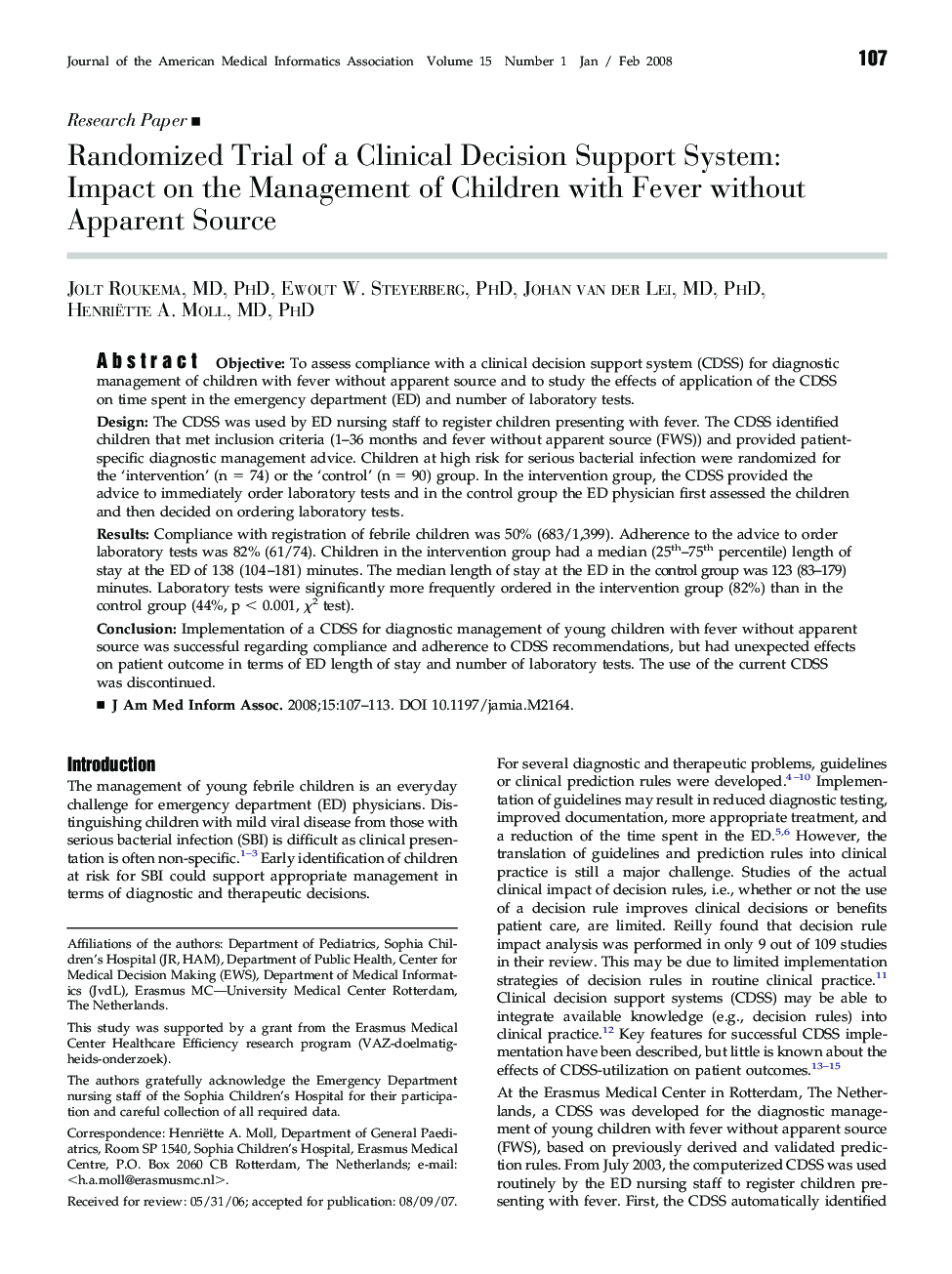 Randomized Trial of a Clinical Decision Support System: Impact on the Management of Children with Fever without Apparent Source 