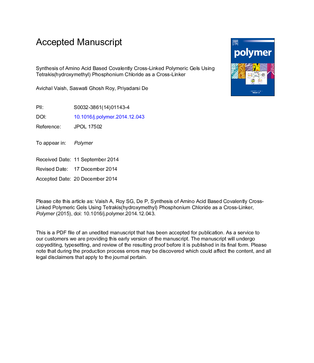 Synthesis of amino acid based covalently cross-linked polymeric gelsÂ using tetrakis(hydroxymethyl) phosphonium chloride as a cross-linker