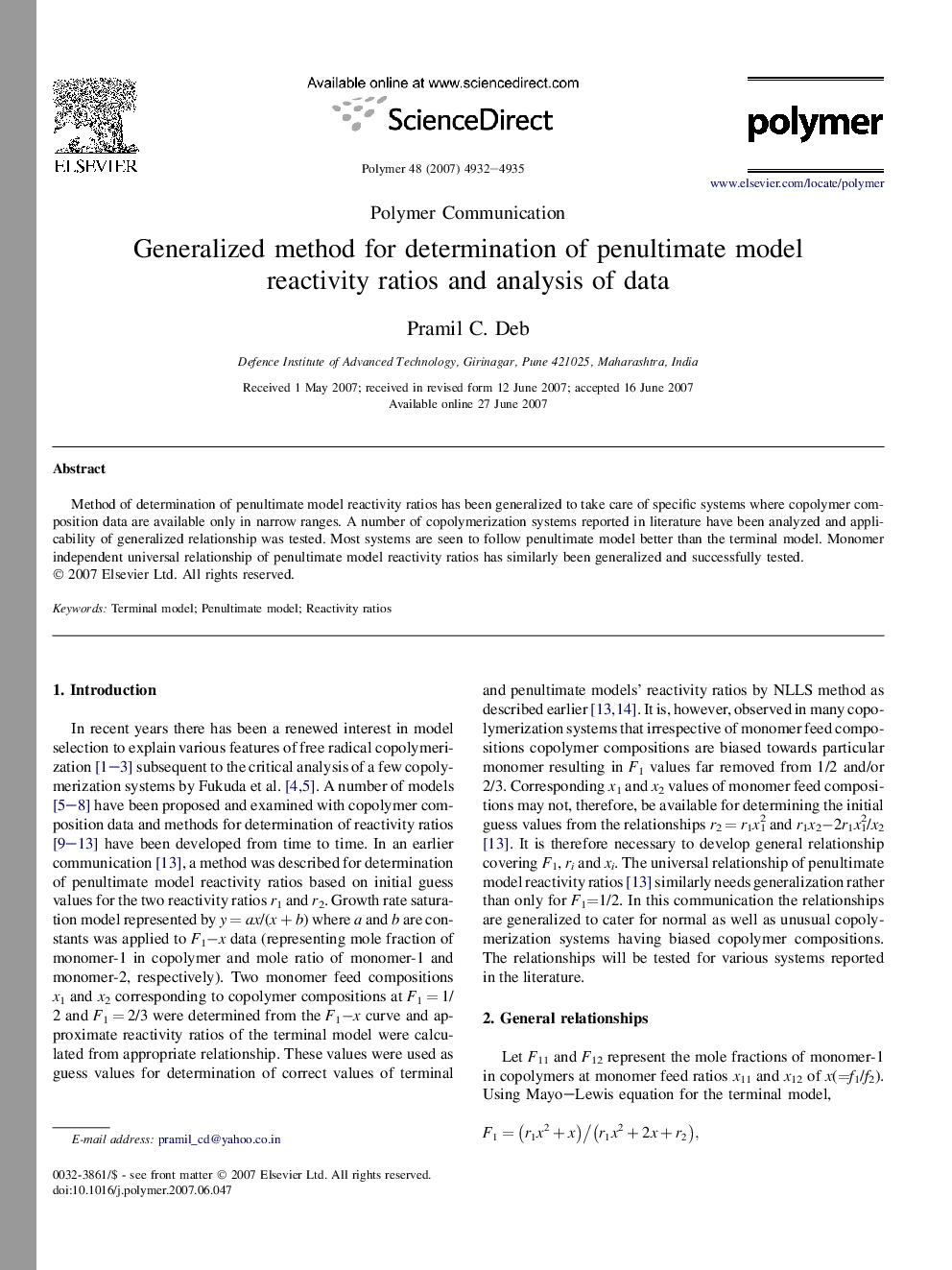 Generalized method for determination of penultimate model reactivity ratios and analysis of data