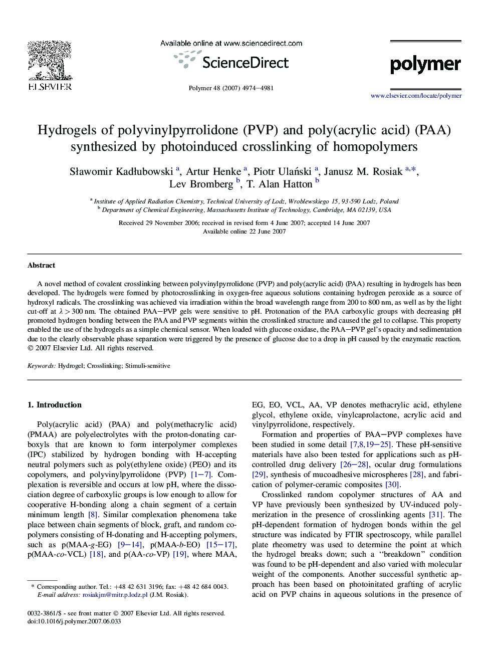 Hydrogels of polyvinylpyrrolidone (PVP) and poly(acrylic acid) (PAA) synthesized by photoinduced crosslinking of homopolymers