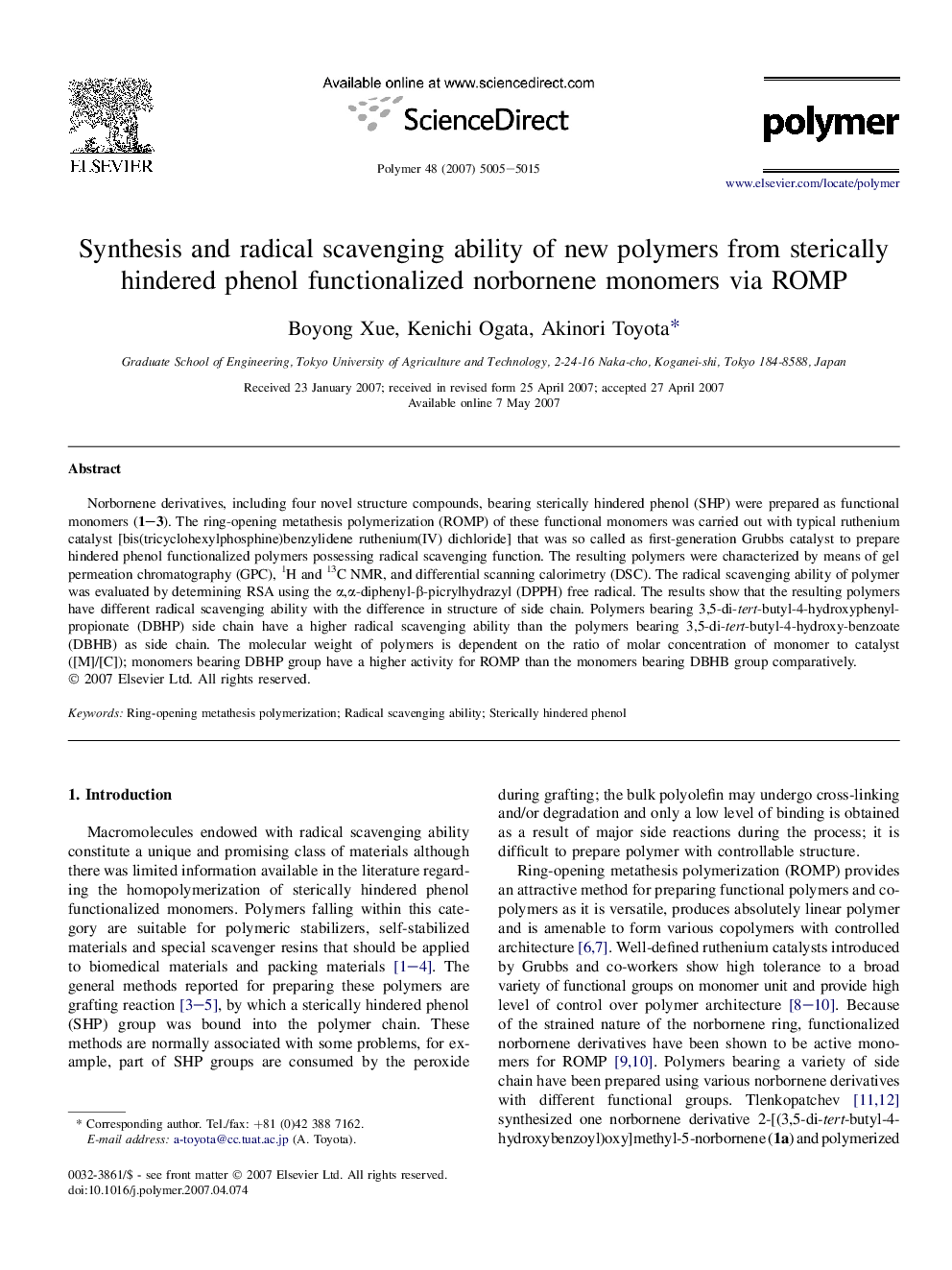 Synthesis and radical scavenging ability of new polymers from sterically hindered phenol functionalized norbornene monomers via ROMP