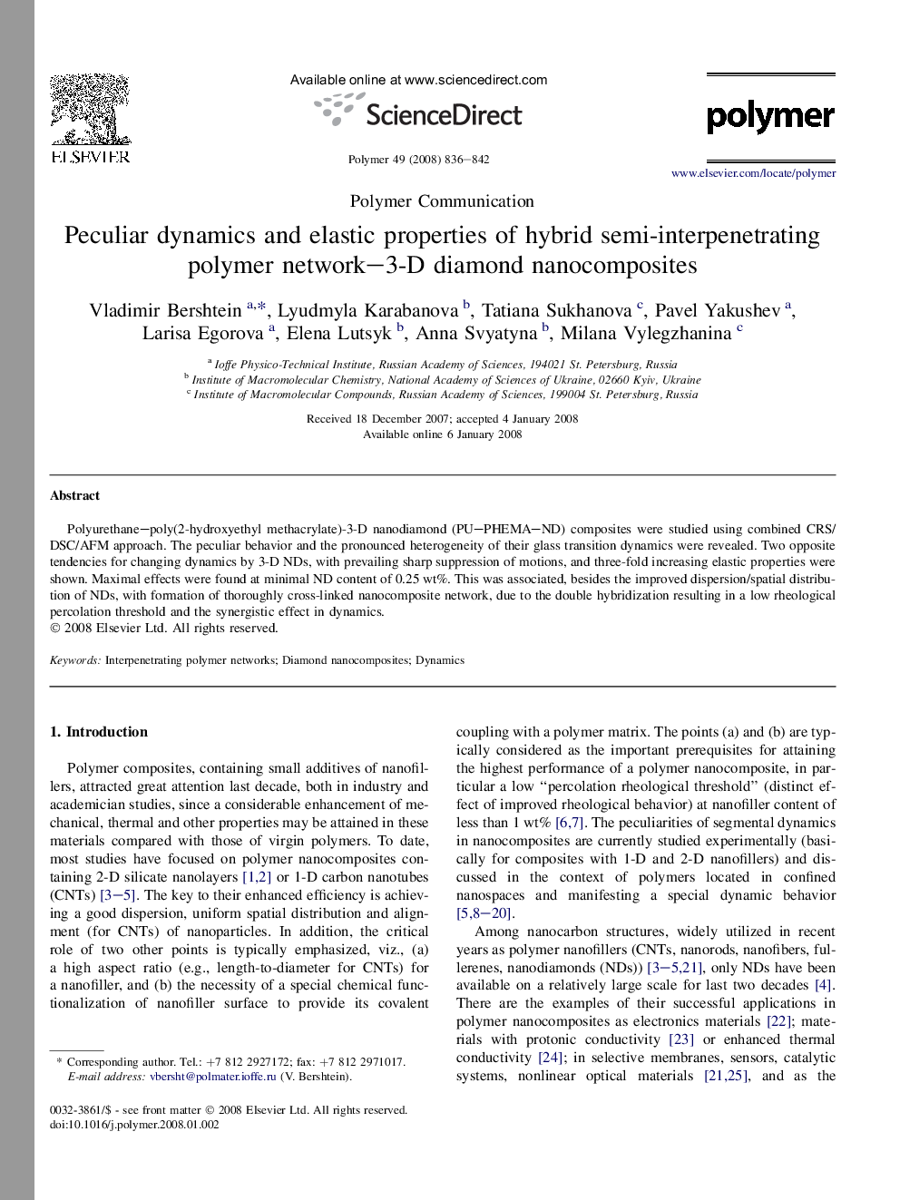 Peculiar dynamics and elastic properties of hybrid semi-interpenetrating polymer network-3-D diamond nanocomposites