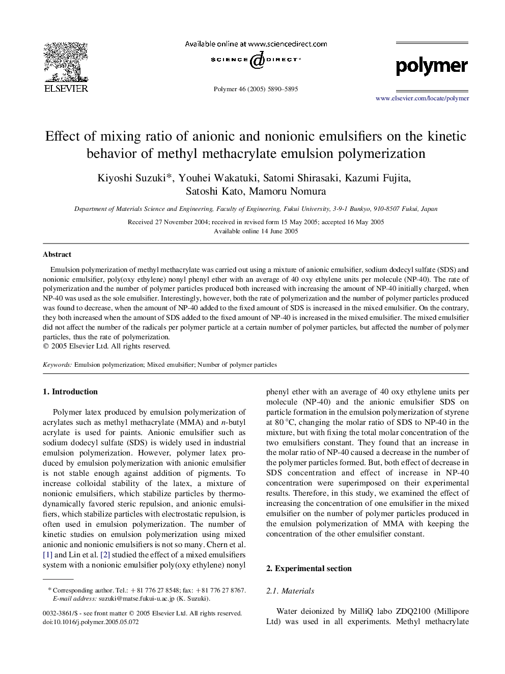 Effect of mixing ratio of anionic and nonionic emulsifiers on the kinetic behavior of methyl methacrylate emulsion polymerization