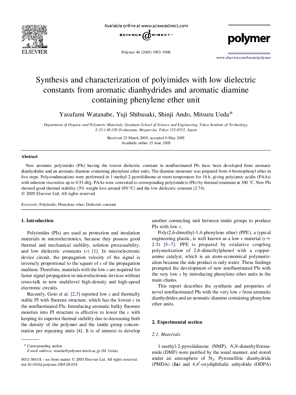 Synthesis and characterization of polyimides with low dielectric constants from aromatic dianhydrides and aromatic diamine containing phenylene ether unit