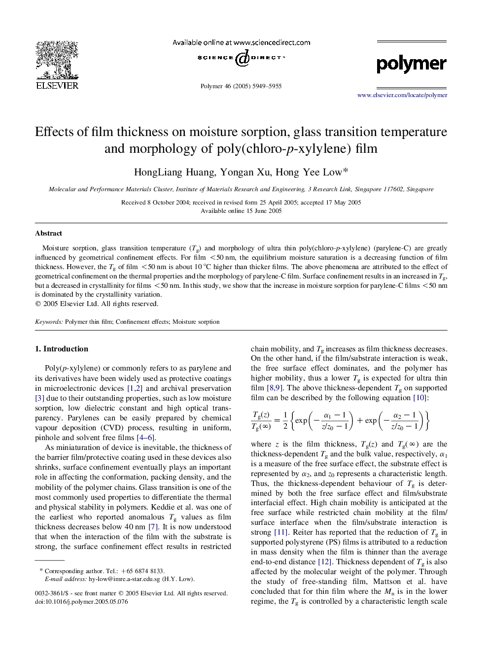 Effects of film thickness on moisture sorption, glass transition temperature and morphology of poly(chloro-p-xylylene) film