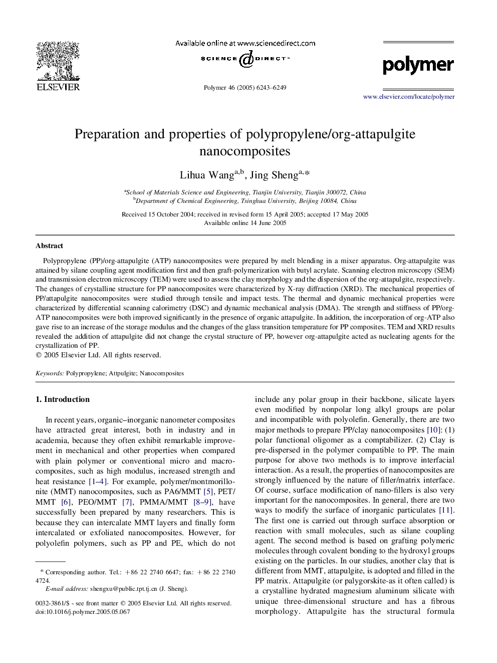 Preparation and properties of polypropylene/org-attapulgite nanocomposites