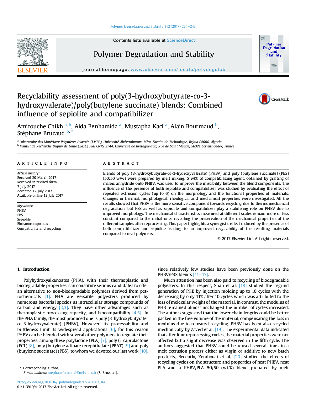 Recyclability assessment of poly(3-hydroxybutyrate-co-3-hydroxyvalerate)/poly(butylene succinate) blends: Combined influence of sepiolite and compatibilizer