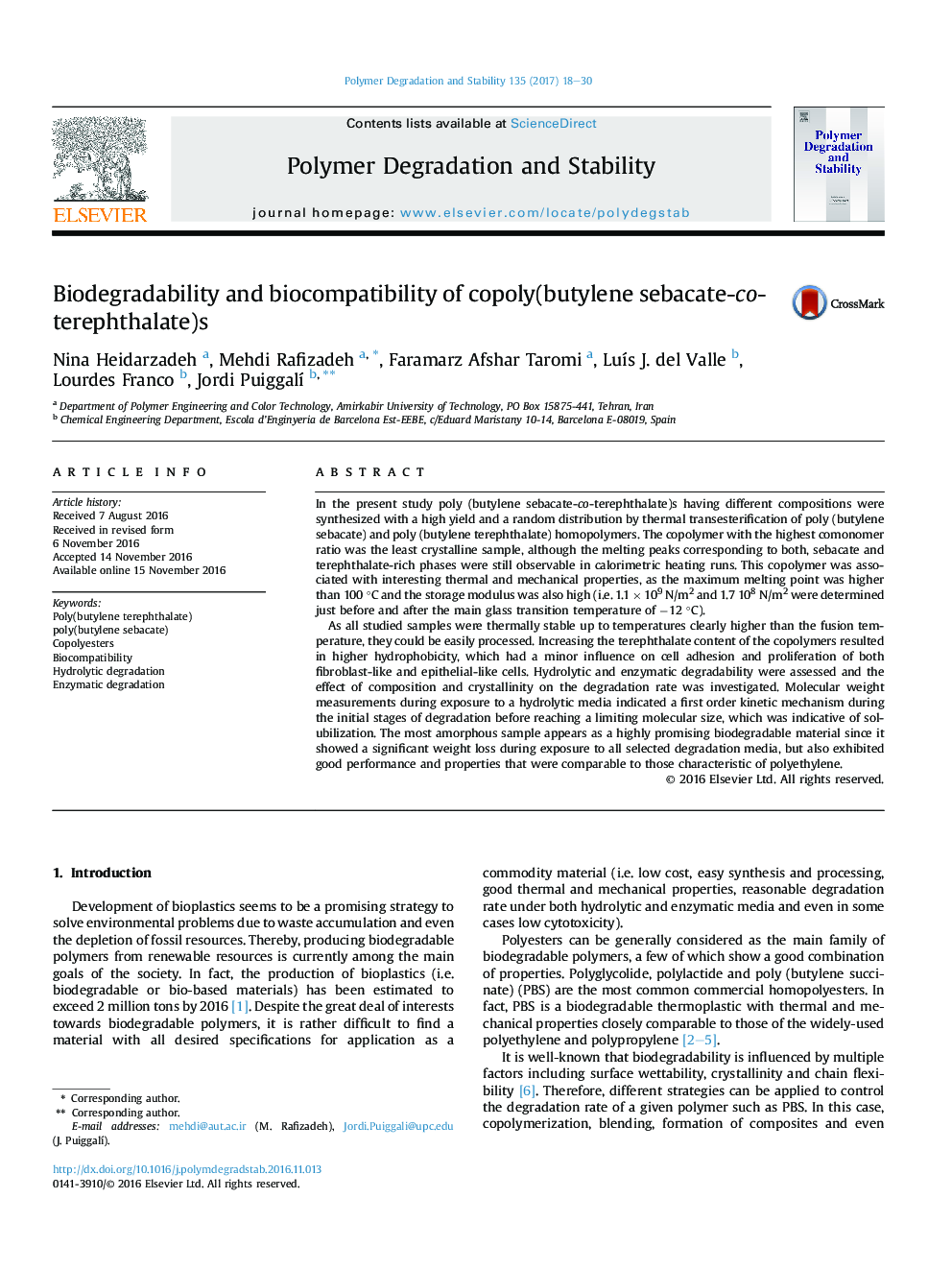Biodegradability and biocompatibility of copoly(butylene sebacate-co-terephthalate)s