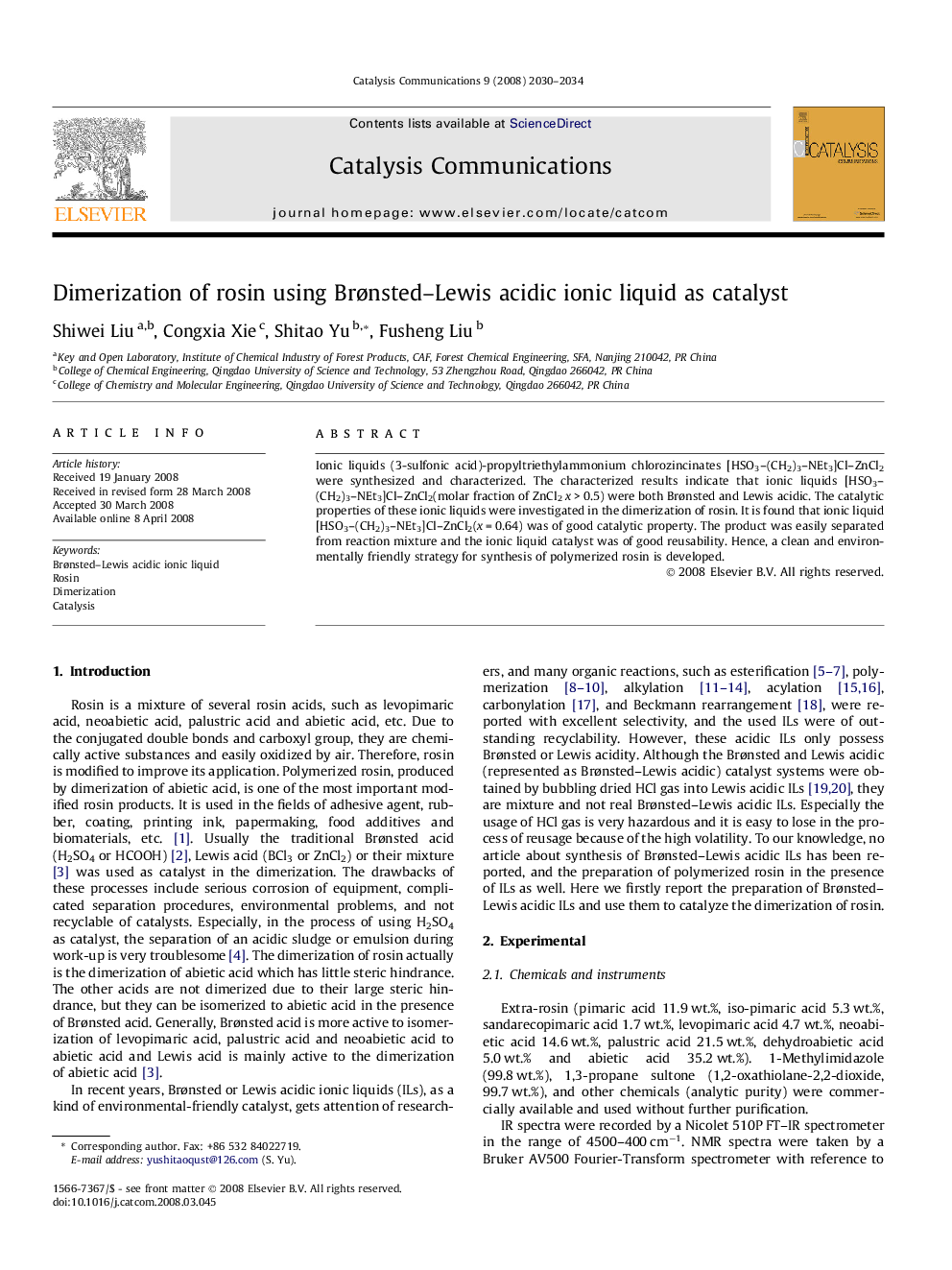 Dimerization of rosin using Brønsted–Lewis acidic ionic liquid as catalyst