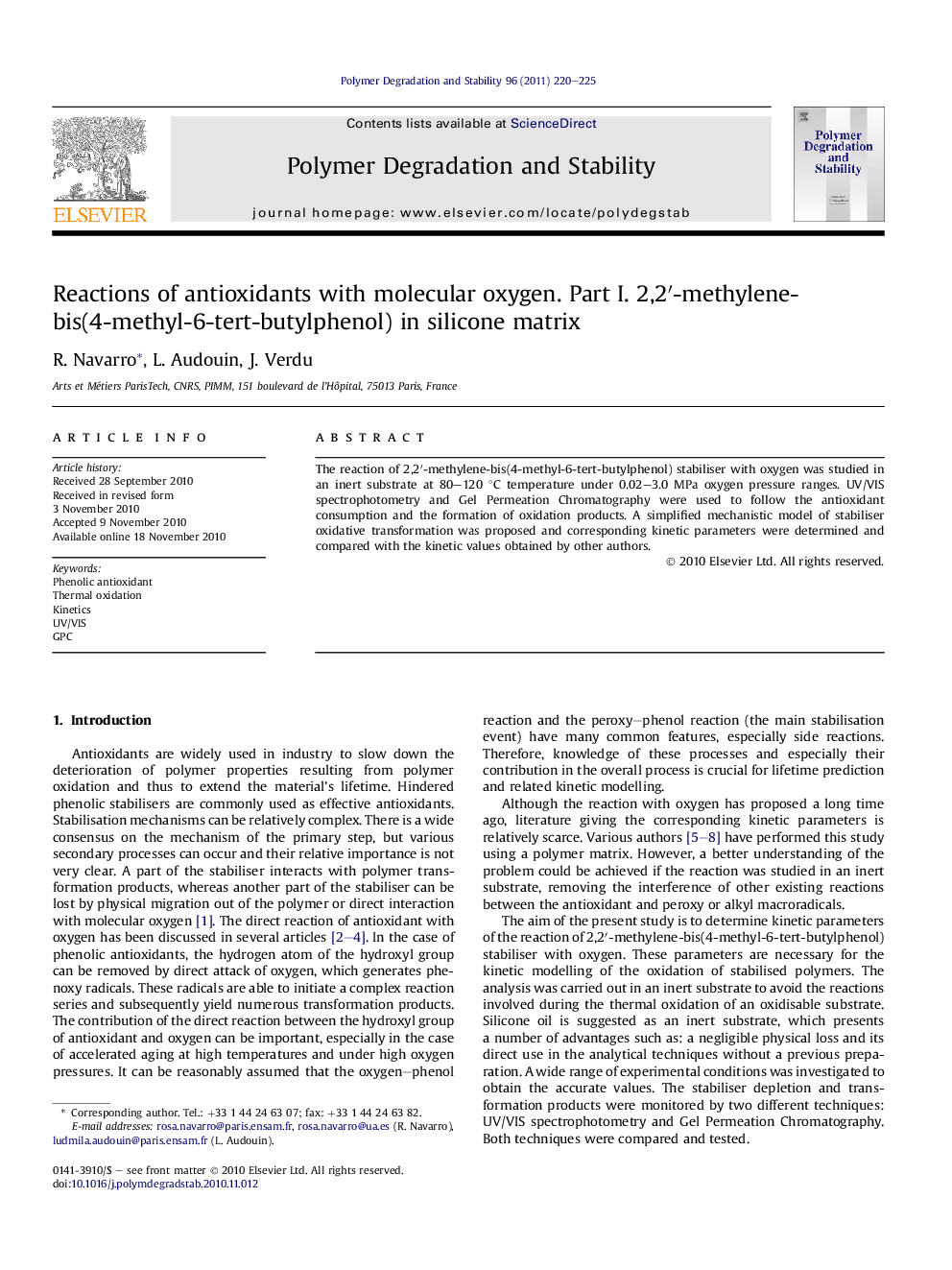 Reactions of antioxidants with molecular oxygen. Part I. 2,2â²-methylene-bis(4-methyl-6-tert-butylphenol) in silicone matrix
