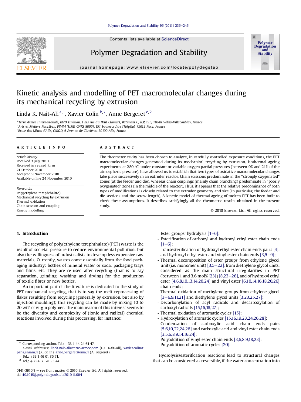 Kinetic analysis and modelling of PET macromolecular changes during its mechanical recycling by extrusion