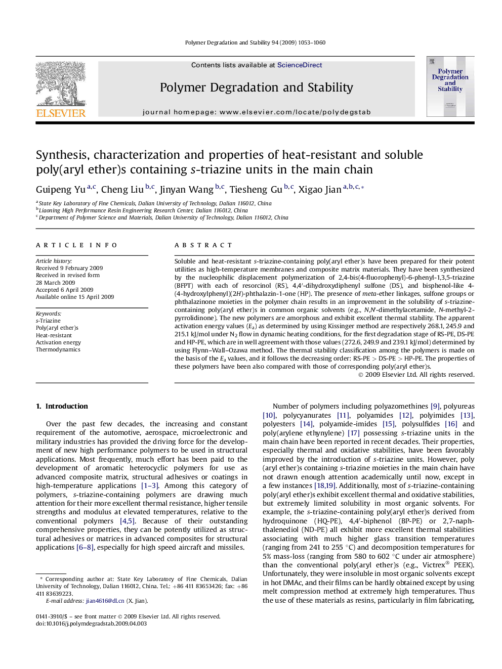 Synthesis, characterization and properties of heat-resistant and soluble poly(aryl ether)s containing s-triazine units in the main chain