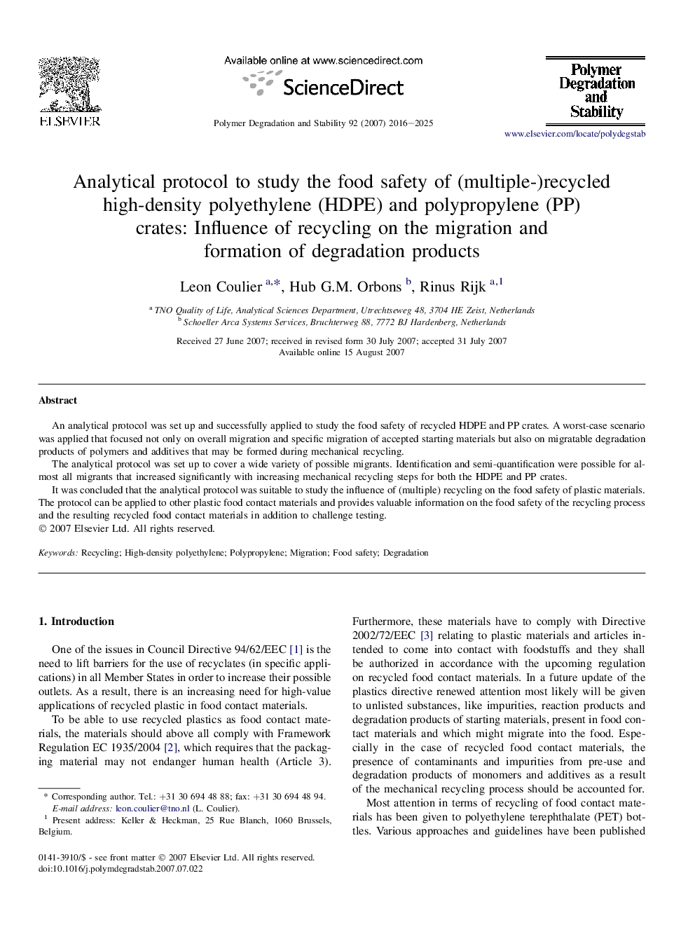 Analytical protocol to study the food safety of (multiple-)recycled high-density polyethylene (HDPE) and polypropylene (PP) crates: Influence of recycling on the migration and formation of degradation products