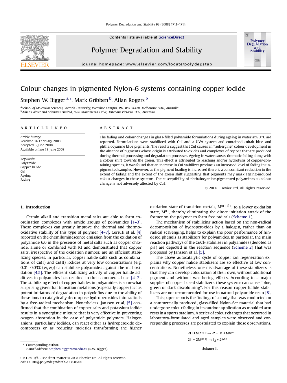 Colour changes in pigmented Nylon-6 systems containing copper iodide