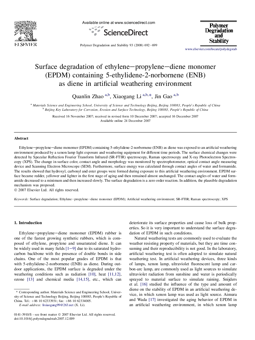 Surface degradation of ethylene-propylene-diene monomer (EPDM) containing 5-ethylidene-2-norbornene (ENB) as diene in artificial weathering environment