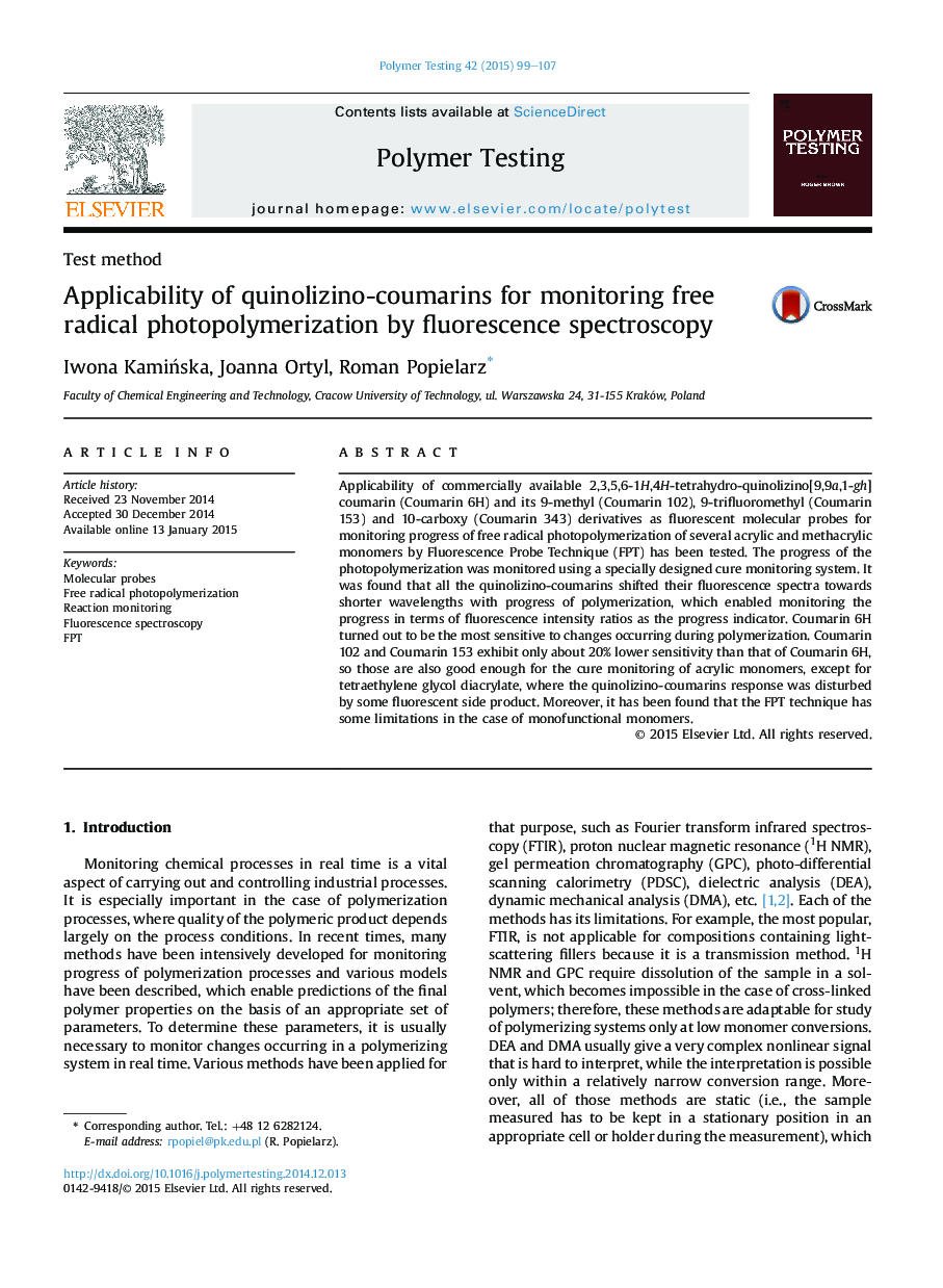 روش تطبیق پذیری کینولیزین کومارین ها برای نظارت بر فوتوپلیمرسیون رادیکال های آزاد توسط طیف سنجی فلورسانس 