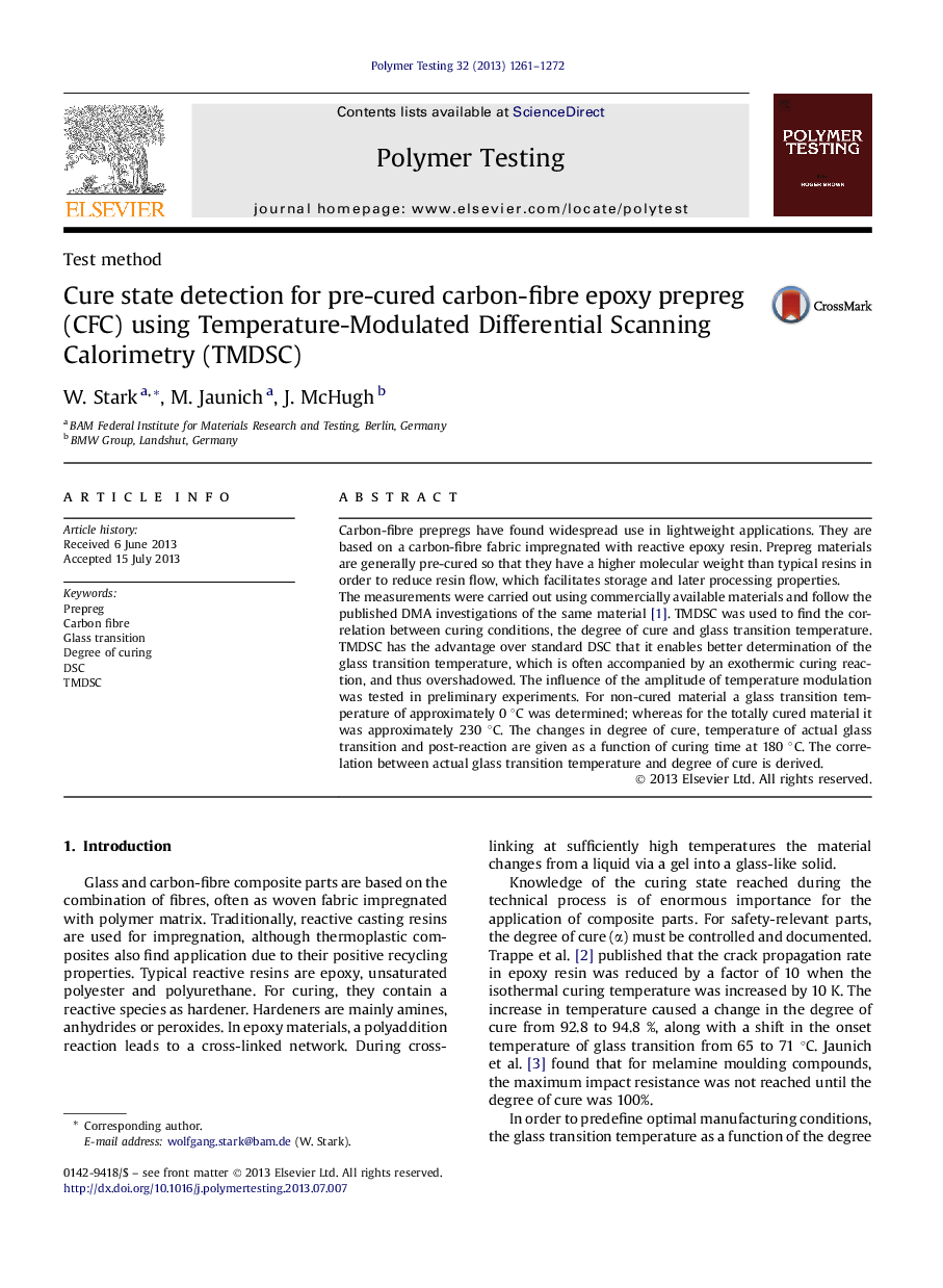 Cure state detection for pre-cured carbon-fibre epoxy prepreg (CFC) using Temperature-Modulated Differential Scanning Calorimetry (TMDSC)