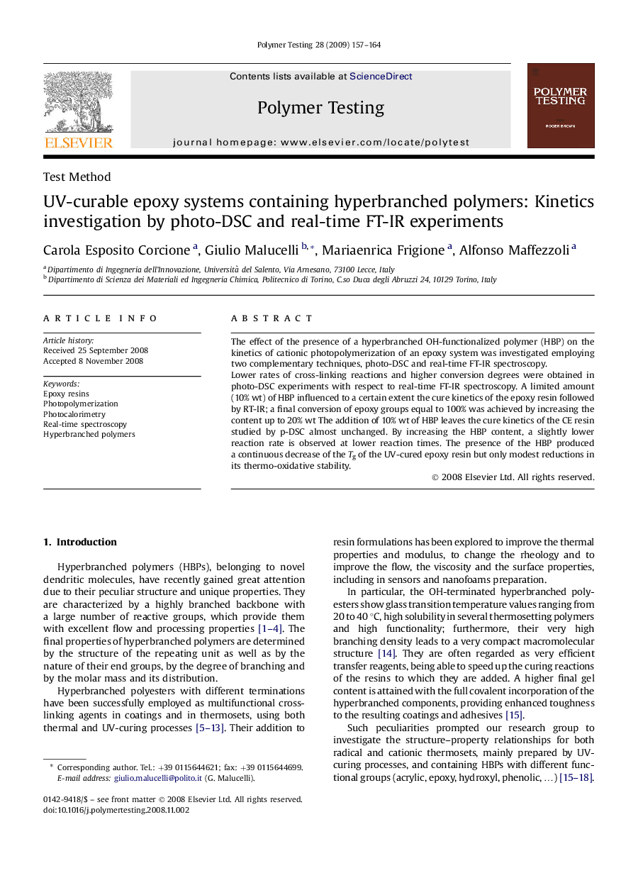 Test MethodUV-curable epoxy systems containing hyperbranched polymers: Kinetics investigation by photo-DSC and real-time FT-IR experiments