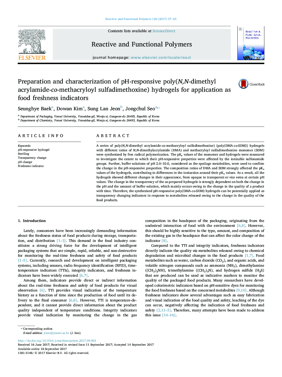 Preparation and characterization of pH-responsive poly(N,N-dimethyl acrylamide-co-methacryloyl sulfadimethoxine) hydrogels for application as food freshness indicators