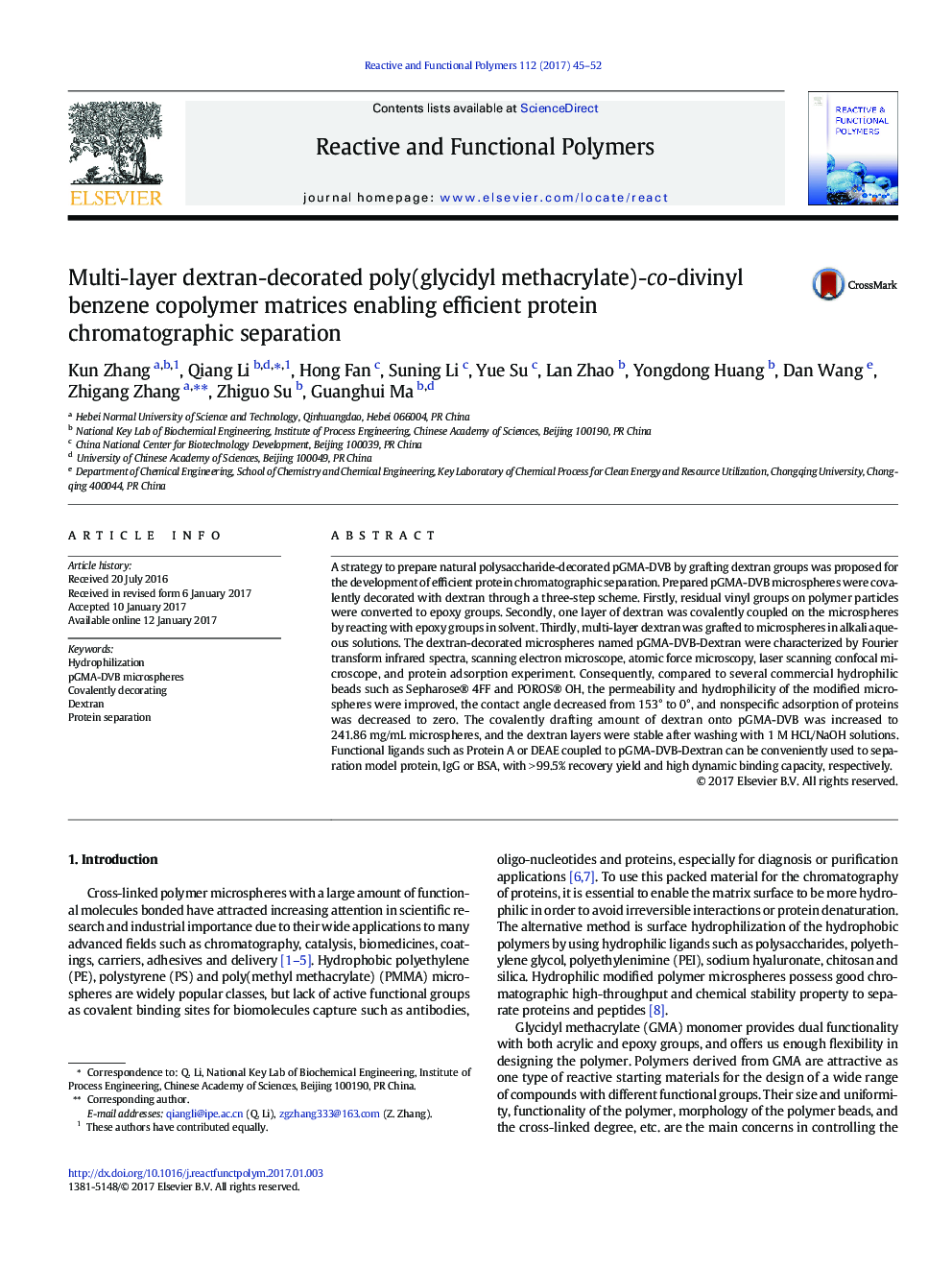 Multi-layer dextran-decorated poly(glycidyl methacrylate)-co-divinyl benzene copolymer matrices enabling efficient protein chromatographic separation