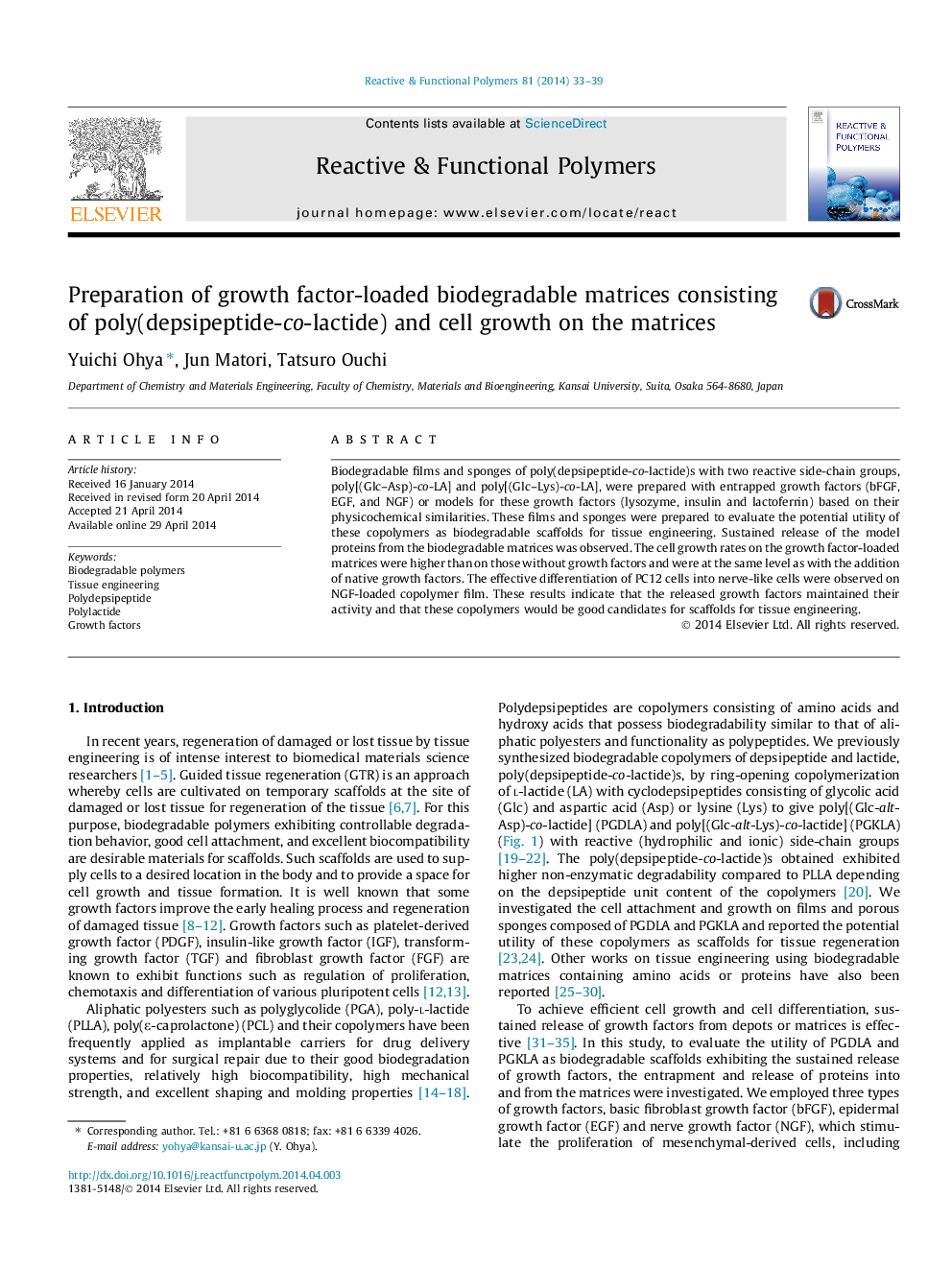 Preparation of growth factor-loaded biodegradable matrices consisting of poly(depsipeptide-co-lactide) and cell growth on the matrices