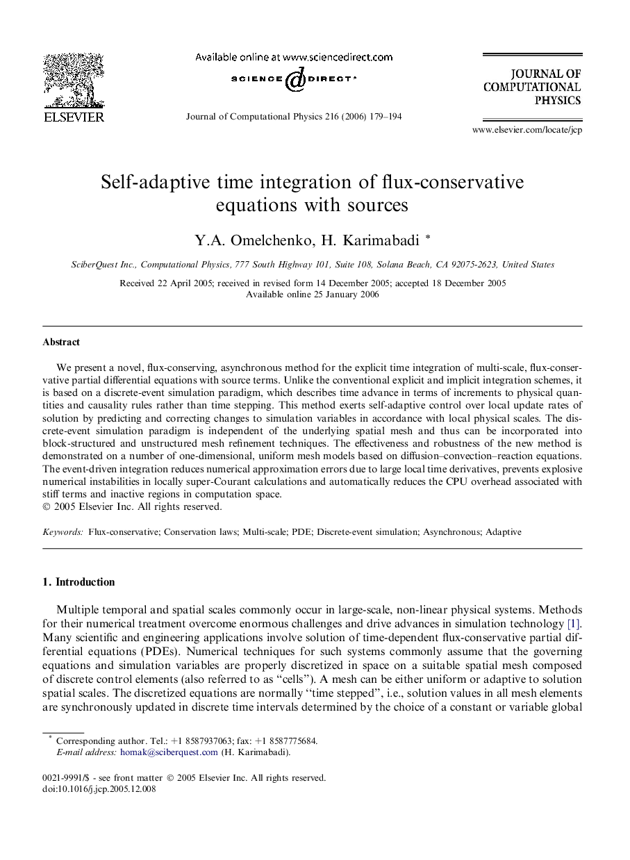 Self-adaptive time integration of flux-conservative equations with sources