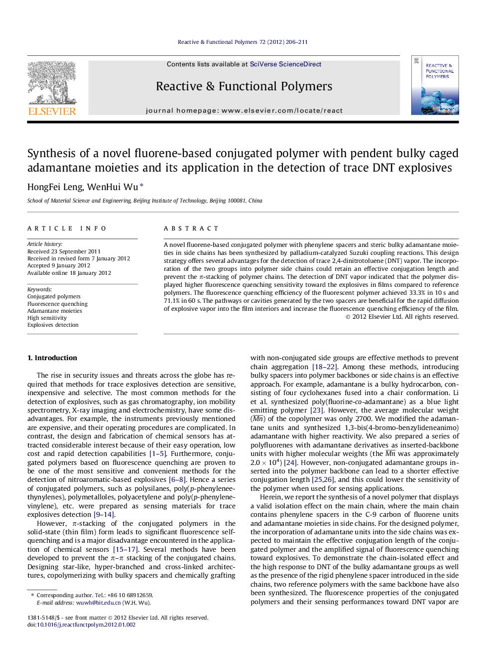 Synthesis of a novel fluorene-based conjugated polymer with pendent bulky caged adamantane moieties and its application in the detection of trace DNT explosives