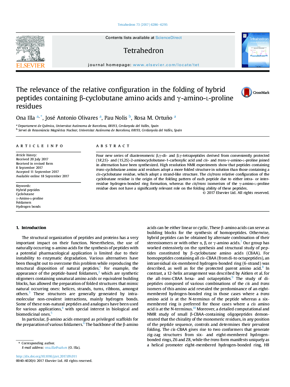 The relevance of the relative configuration in the folding of hybrid peptides containing Î²-cyclobutane amino acids and Î³-amino-l-proline residues