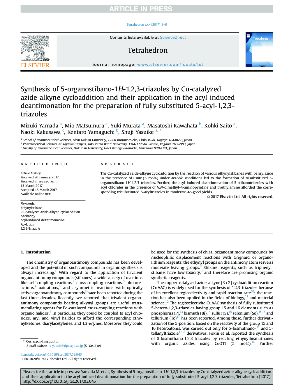 Synthesis of 5-organostibano-1H-1,2,3-triazoles by Cu-catalyzed azide-alkyne cycloaddition and their application in the acyl-induced deantimonation for the preparation of fully substituted 5-acyl-1,2,3-triazoles