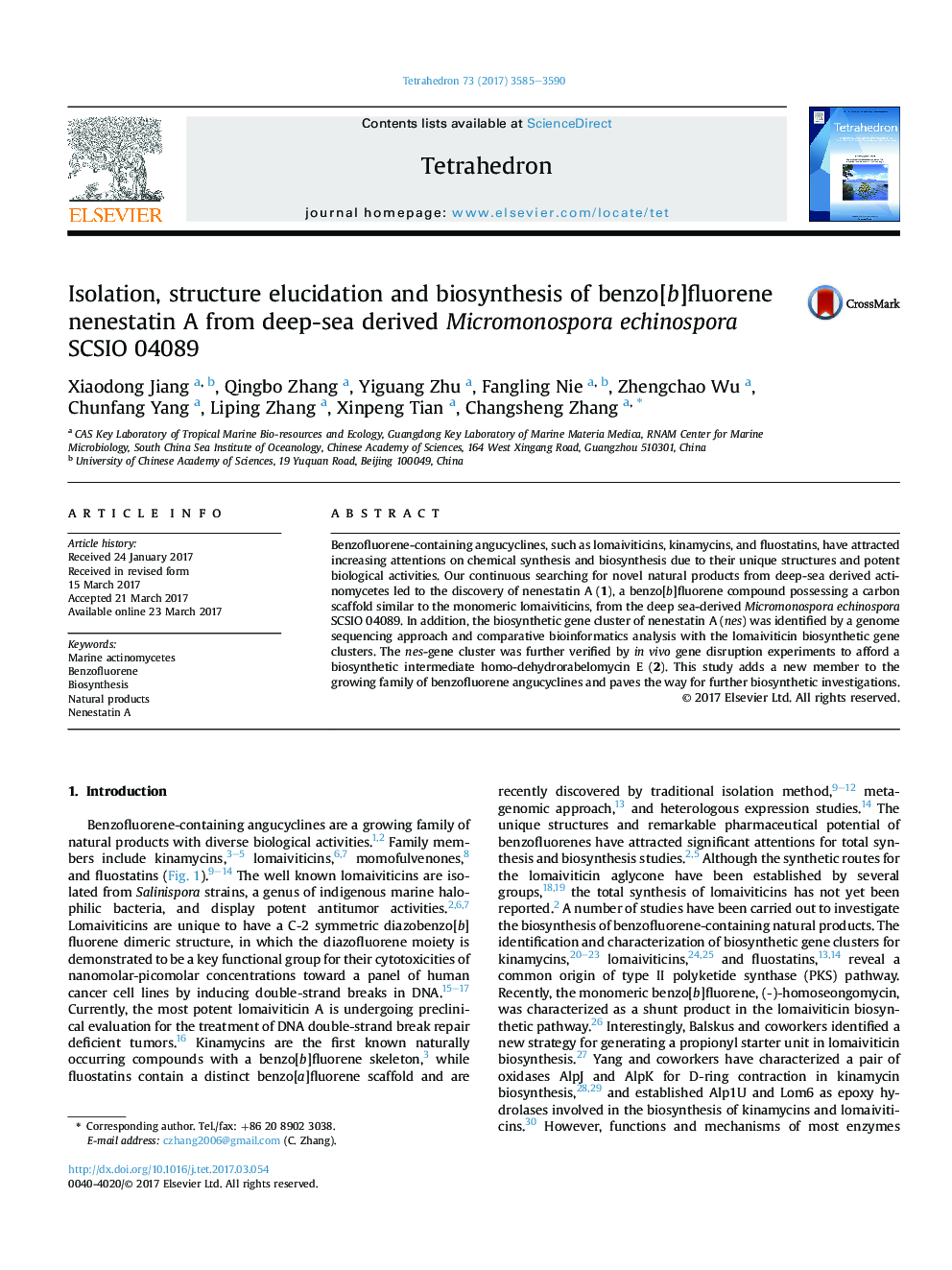 Isolation, structure elucidation and biosynthesis of benzo[b]fluorene nenestatin A from deep-sea derived Micromonospora echinospora SCSIO 04089