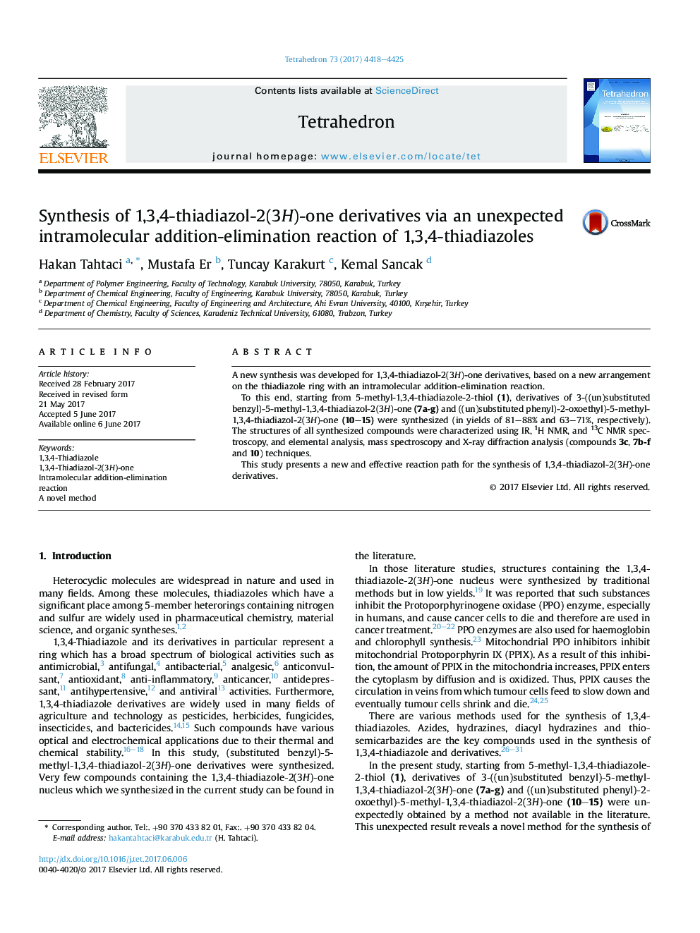 Synthesis of 1,3,4-thiadiazol-2(3H)-one derivatives via an unexpected intramolecular addition-elimination reaction of 1,3,4-thiadiazoles