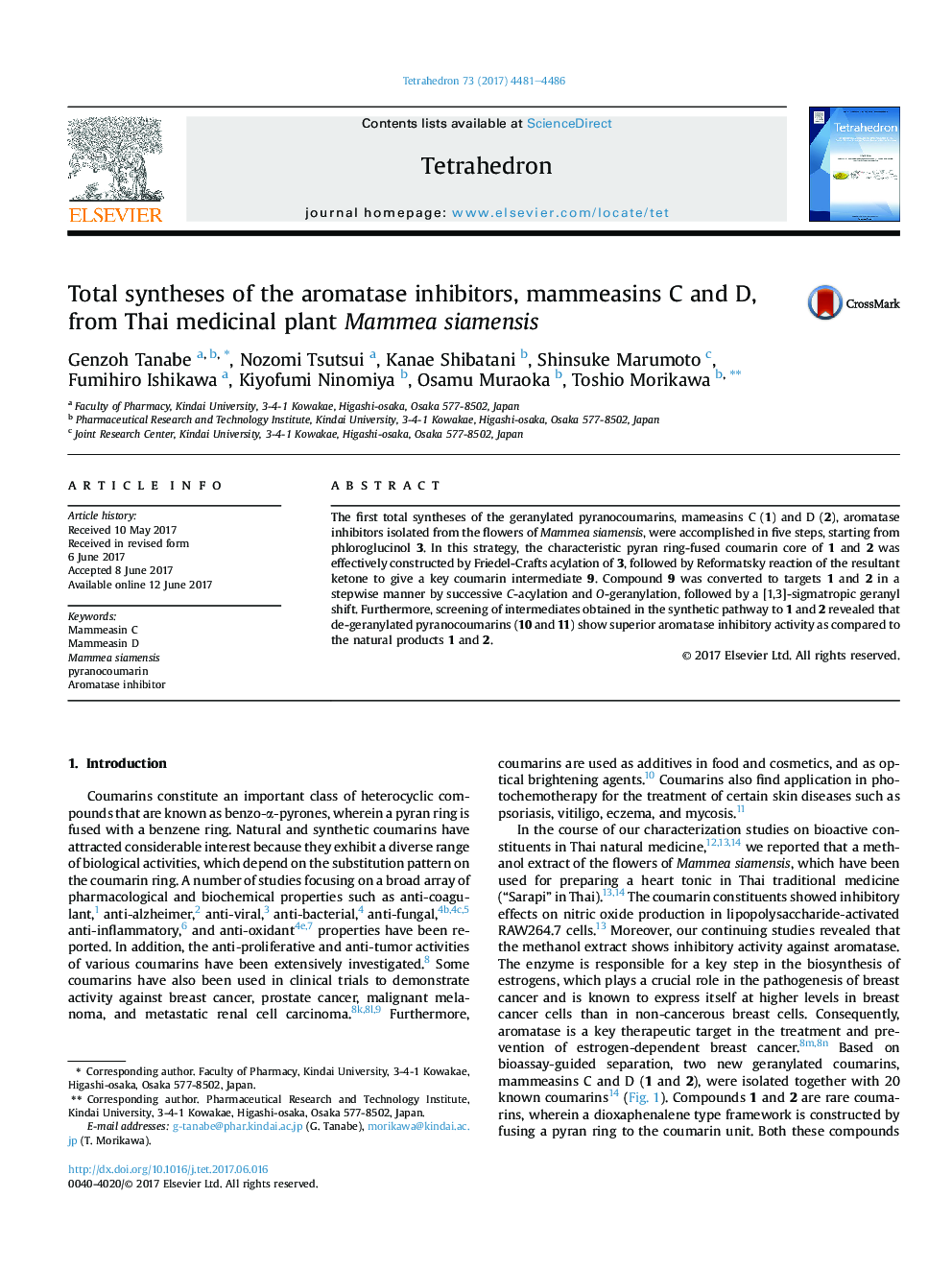 Total syntheses of the aromatase inhibitors, mammeasins C and D, from Thai medicinal plant Mammea siamensis