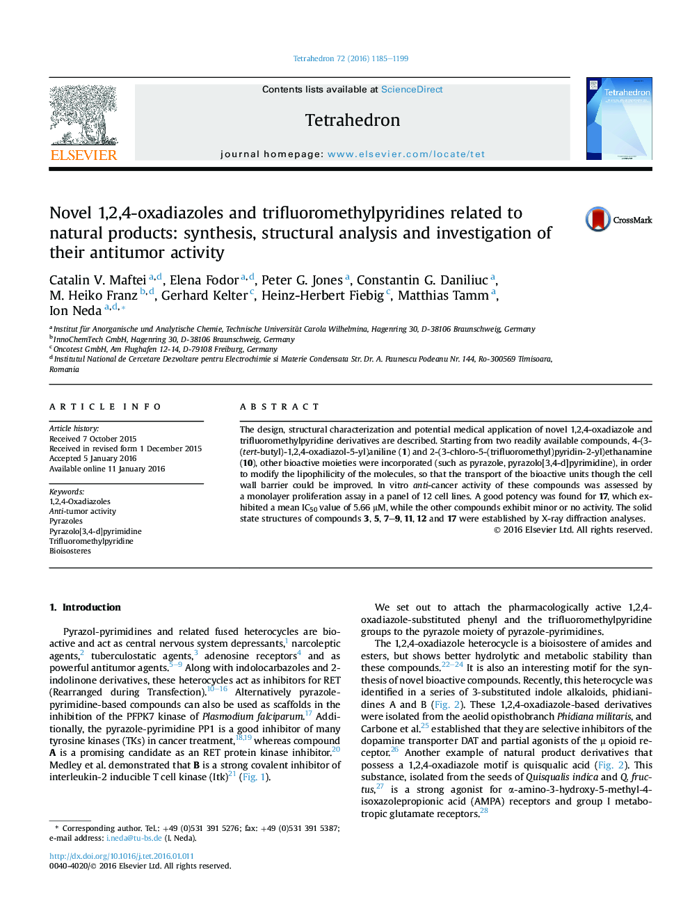 Novel 1,2,4-oxadiazoles and trifluoromethylpyridines related to natural products: synthesis, structural analysis and investigation of their antitumor activity