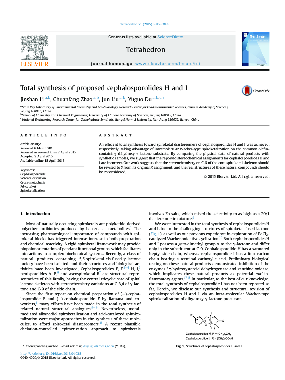 Total synthesis of proposed cephalosporolides H and I