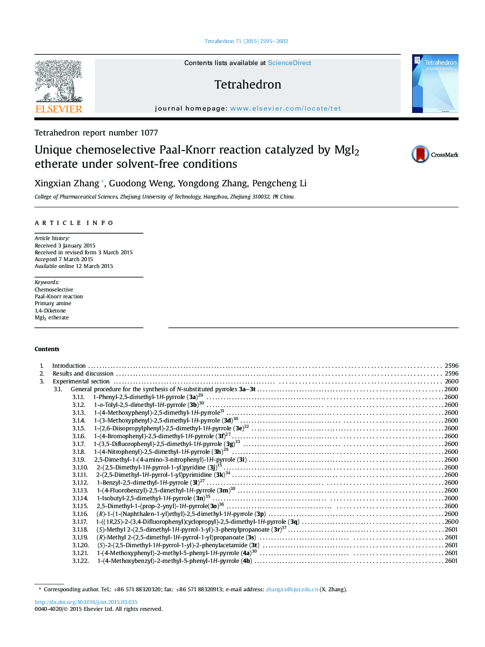 Tetrahedron report number 1077Unique chemoselective Paal-Knorr reaction catalyzed by MgI2 etherate under solvent-free conditions
