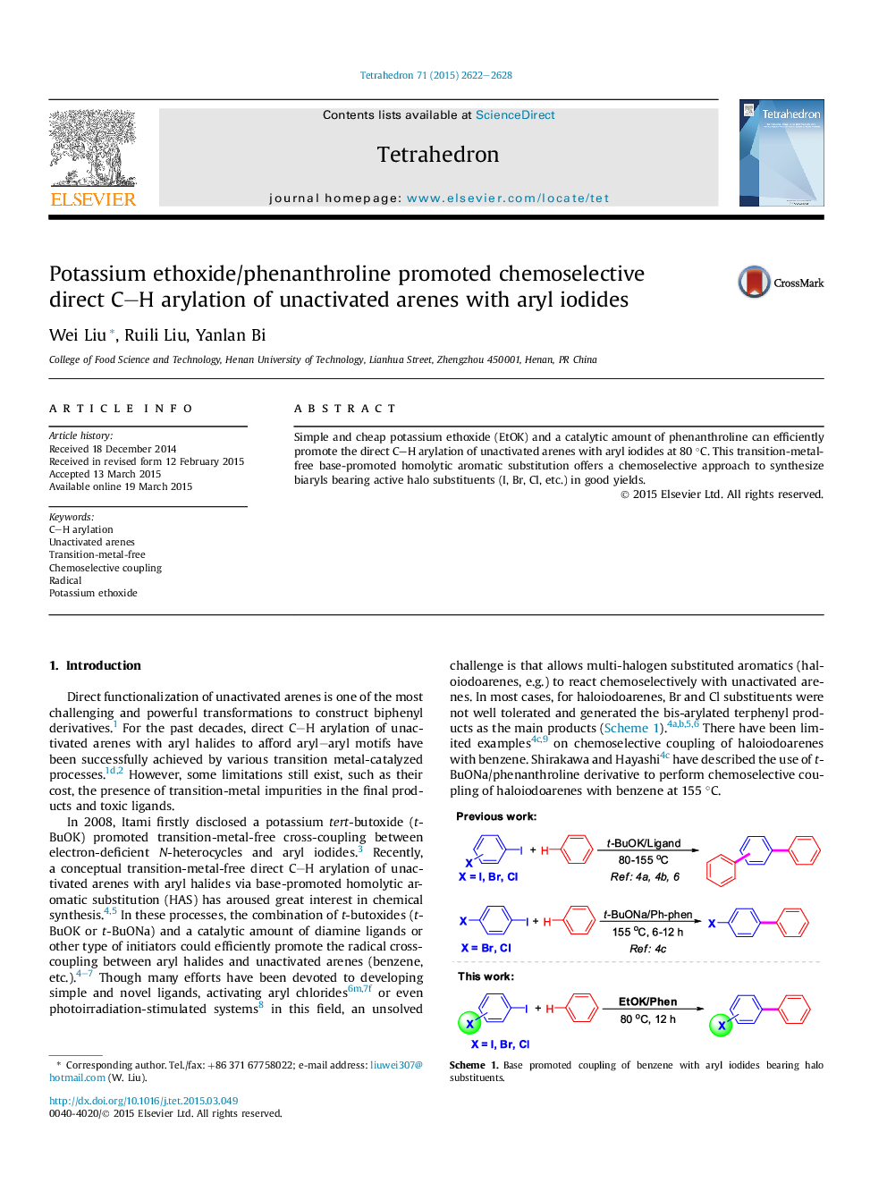 Potassium ethoxide/phenanthroline promoted chemoselective direct C-H arylation of unactivated arenes with aryl iodides