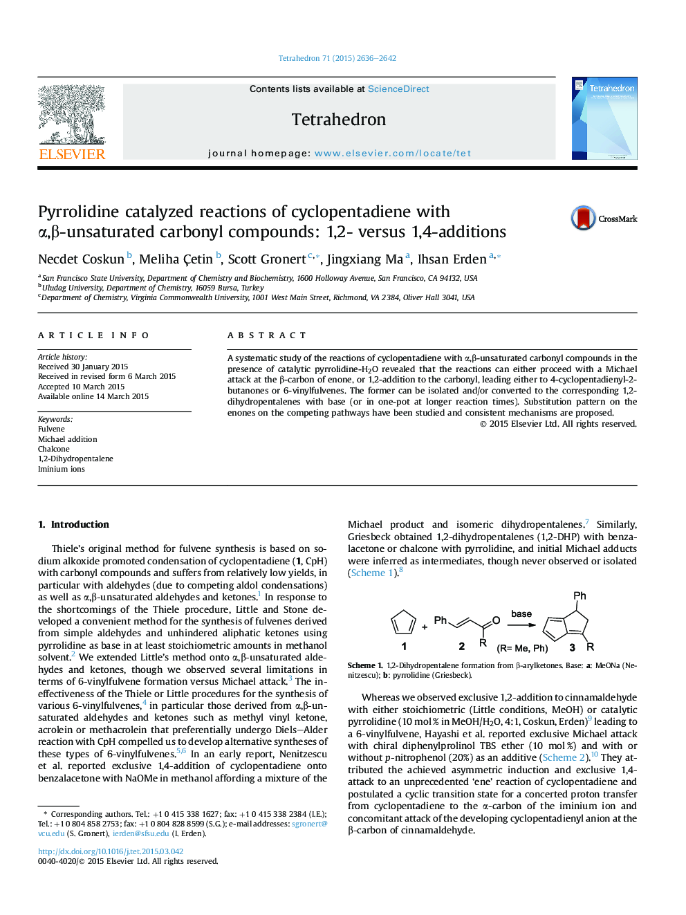 Pyrrolidine catalyzed reactions of cyclopentadiene with α,β-unsaturated carbonyl compounds: 1,2- versus 1,4-additions