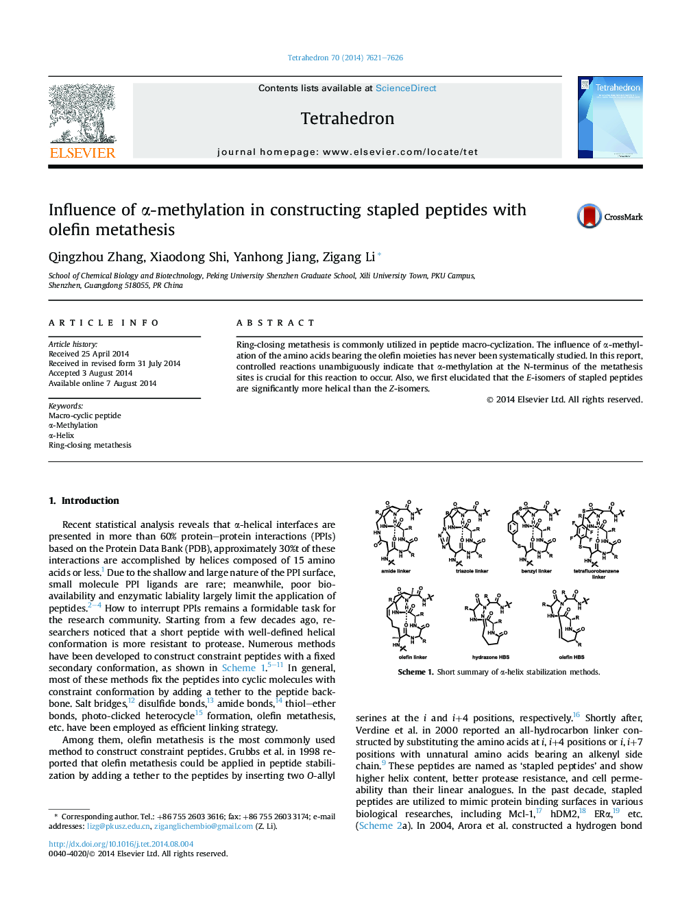 Influence of Î±-methylation in constructing stapled peptides with olefin metathesis