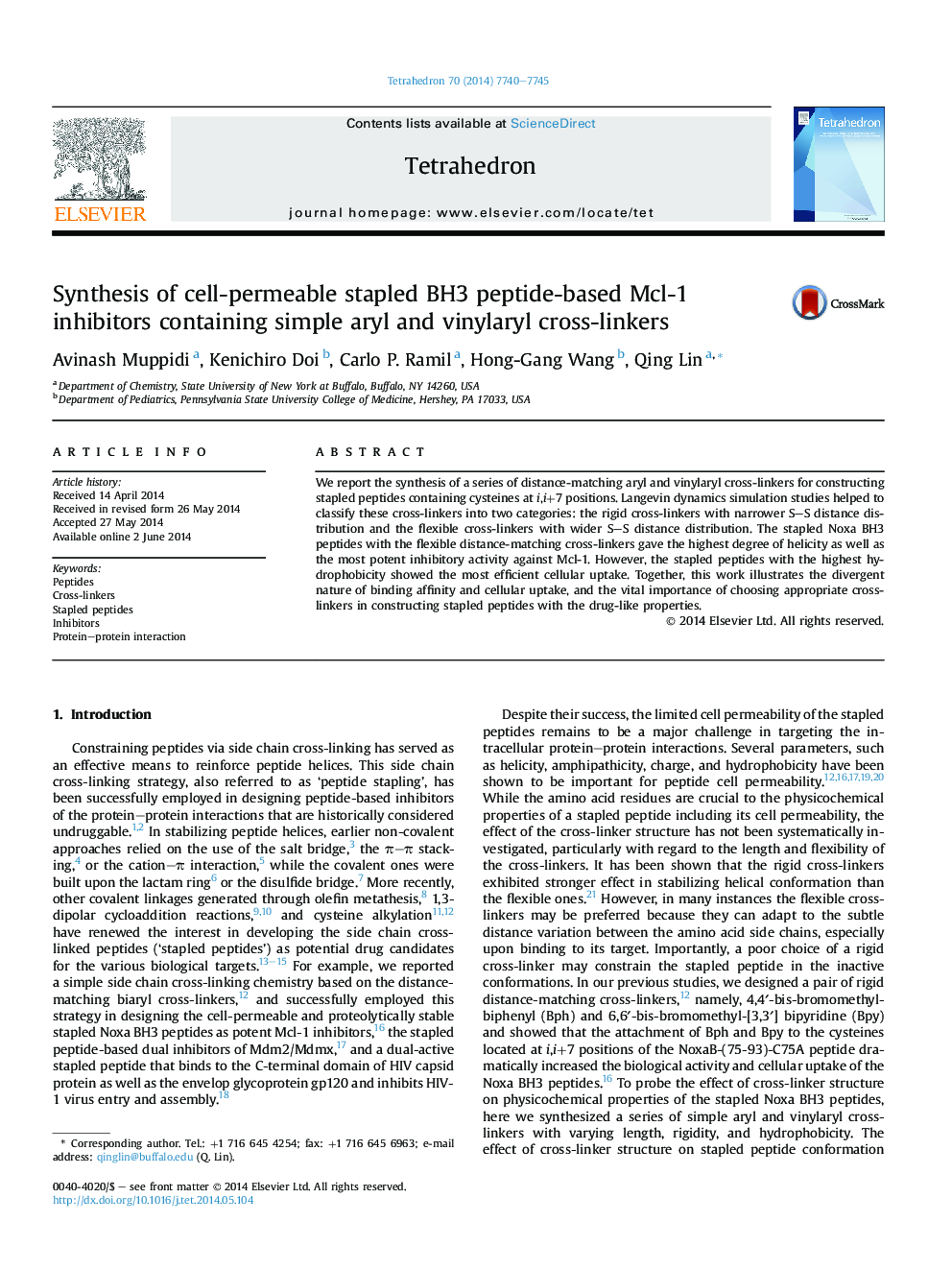 Synthesis of cell-permeable stapled BH3 peptide-based Mcl-1 inhibitors containing simple aryl and vinylaryl cross-linkers