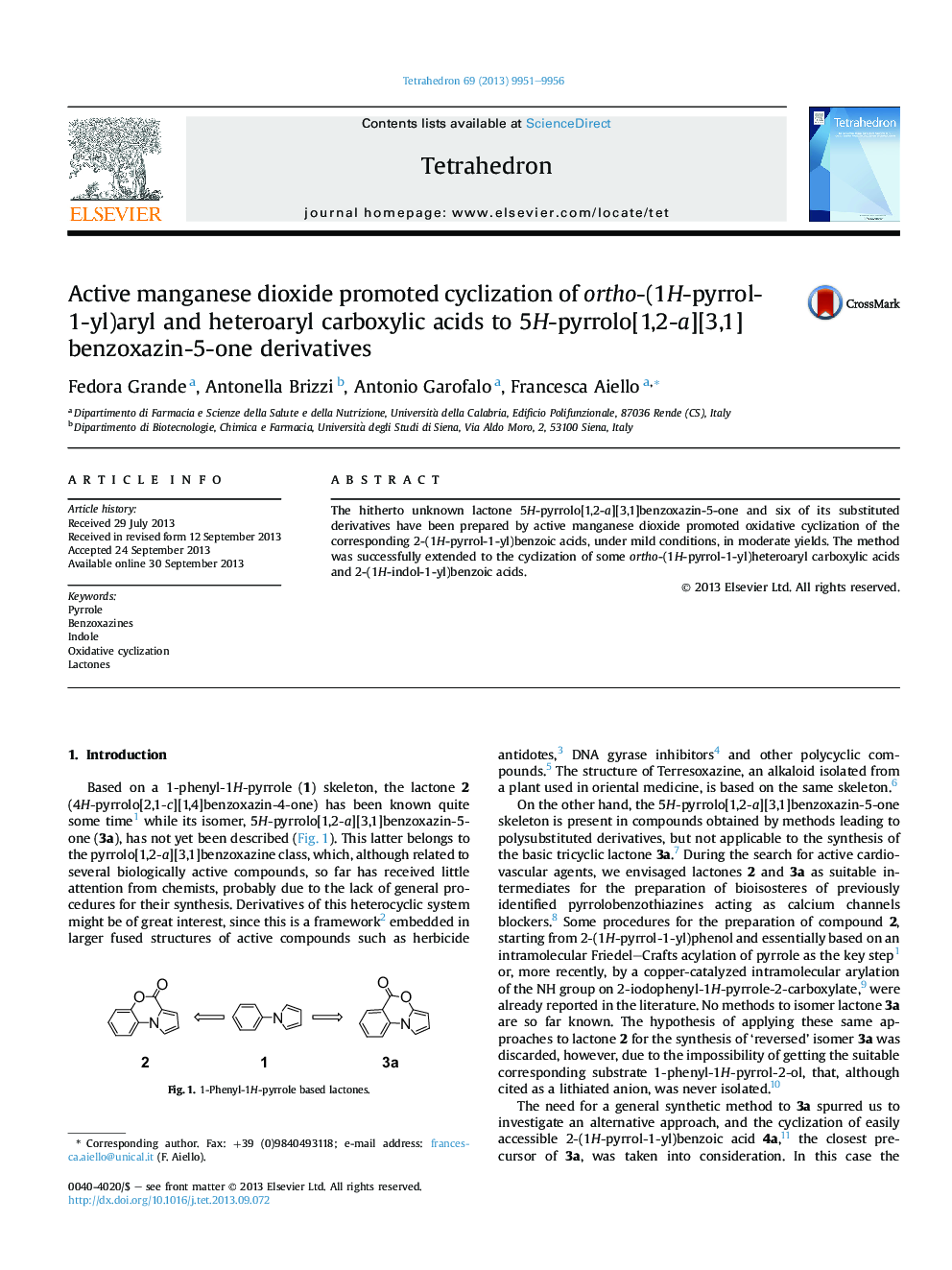 Active manganese dioxide promoted cyclization of ortho-(1H-pyrrol-1-yl)aryl and heteroaryl carboxylic acids to 5H-pyrrolo[1,2-a][3,1]benzoxazin-5-one derivatives