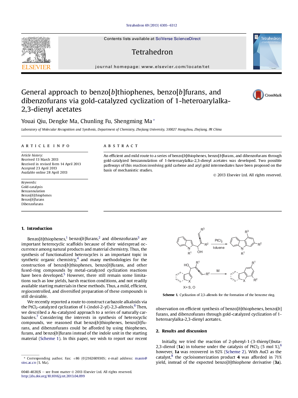 General approach to benzo[b]thiophenes, benzo[b]furans, and dibenzofurans via gold-catalyzed cyclization of 1-heteroarylalka-2,3-dienyl acetates