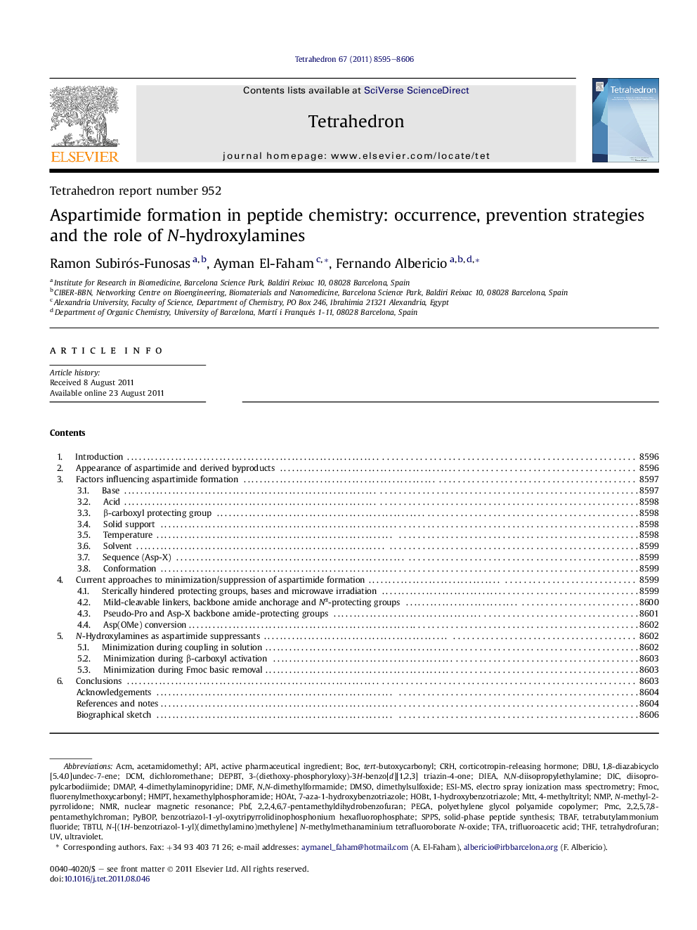 Tetrahedron report number 952Aspartimide formation in peptide chemistry: occurrence, prevention strategies and the role of N-hydroxylamines