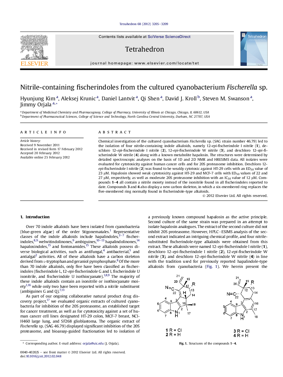 Nitrile-containing fischerindoles from the cultured cyanobacterium Fischerella sp.