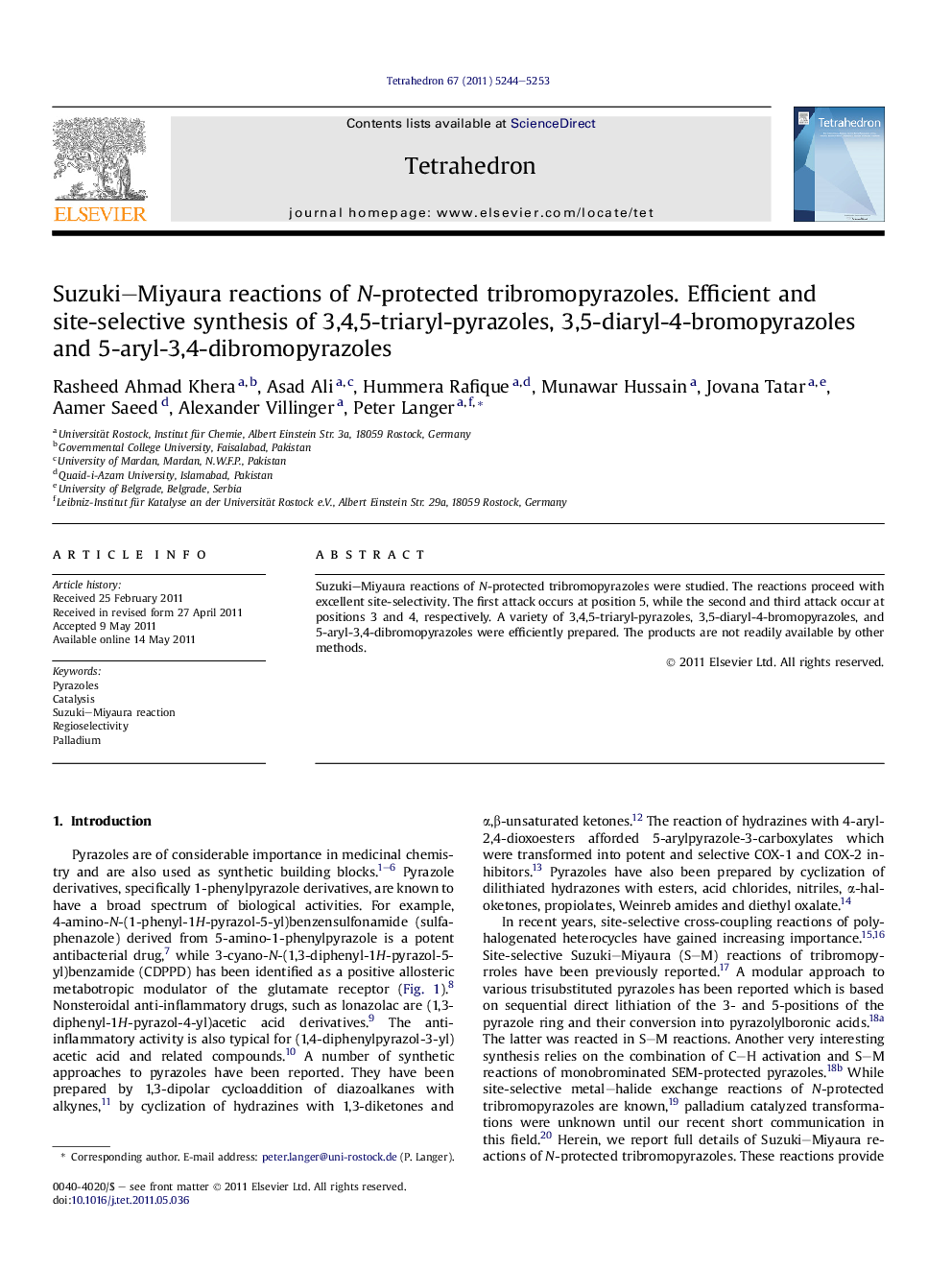 Suzuki–Miyaura reactions of N-protected tribromopyrazoles. Efficient and site-selective synthesis of 3,4,5-triaryl-pyrazoles, 3,5-diaryl-4-bromopyrazoles and 5-aryl-3,4-dibromopyrazoles
