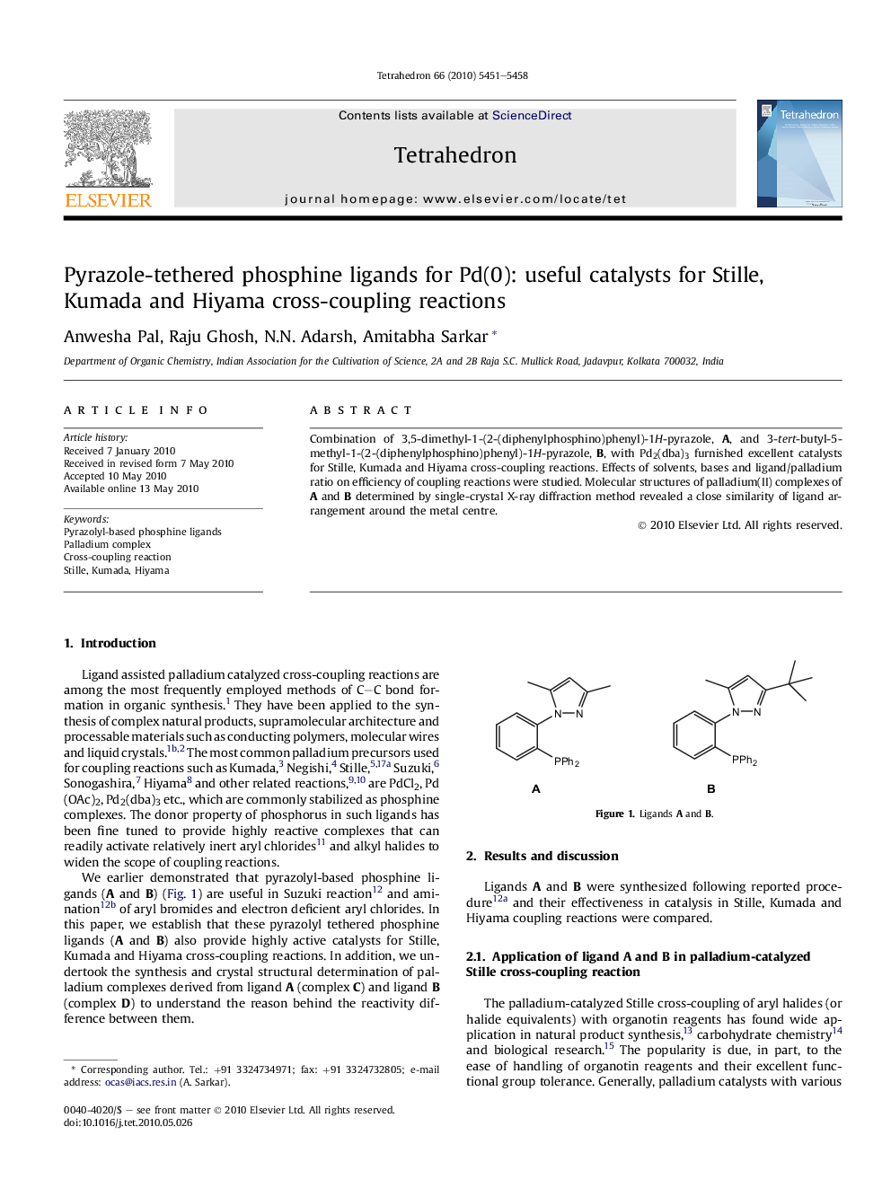 Pyrazole-tethered phosphine ligands for Pd(0): useful catalysts for Stille, Kumada and Hiyama cross-coupling reactions