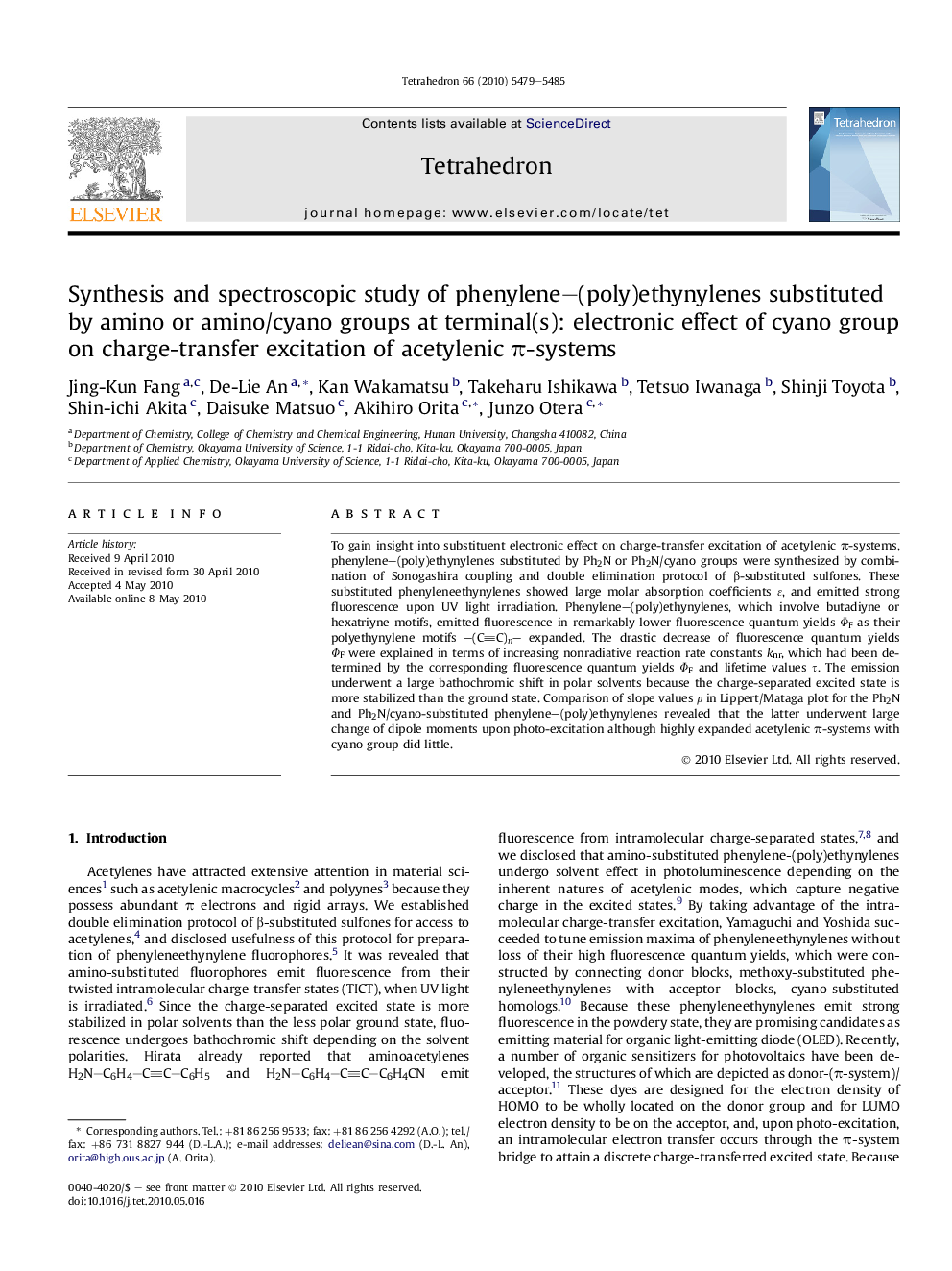 Synthesis and spectroscopic study of phenylene-(poly)ethynylenes substituted by amino or amino/cyano groups at terminal(s): electronic effect of cyano group on charge-transfer excitation of acetylenic Ï-systems