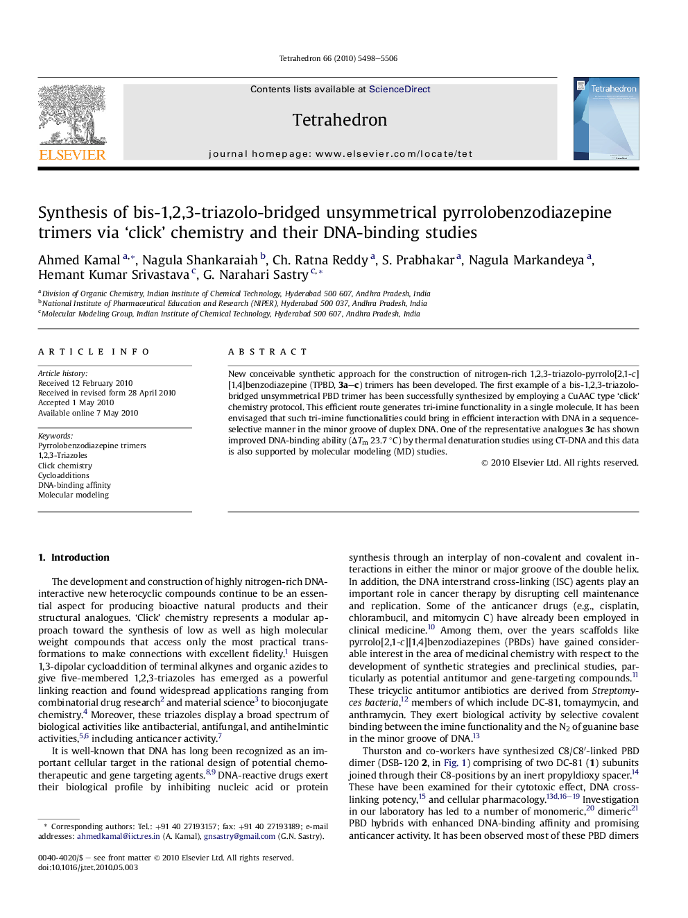 Synthesis of bis-1,2,3-triazolo-bridged unsymmetrical pyrrolobenzodiazepine trimers via 'click' chemistry and their DNA-binding studies