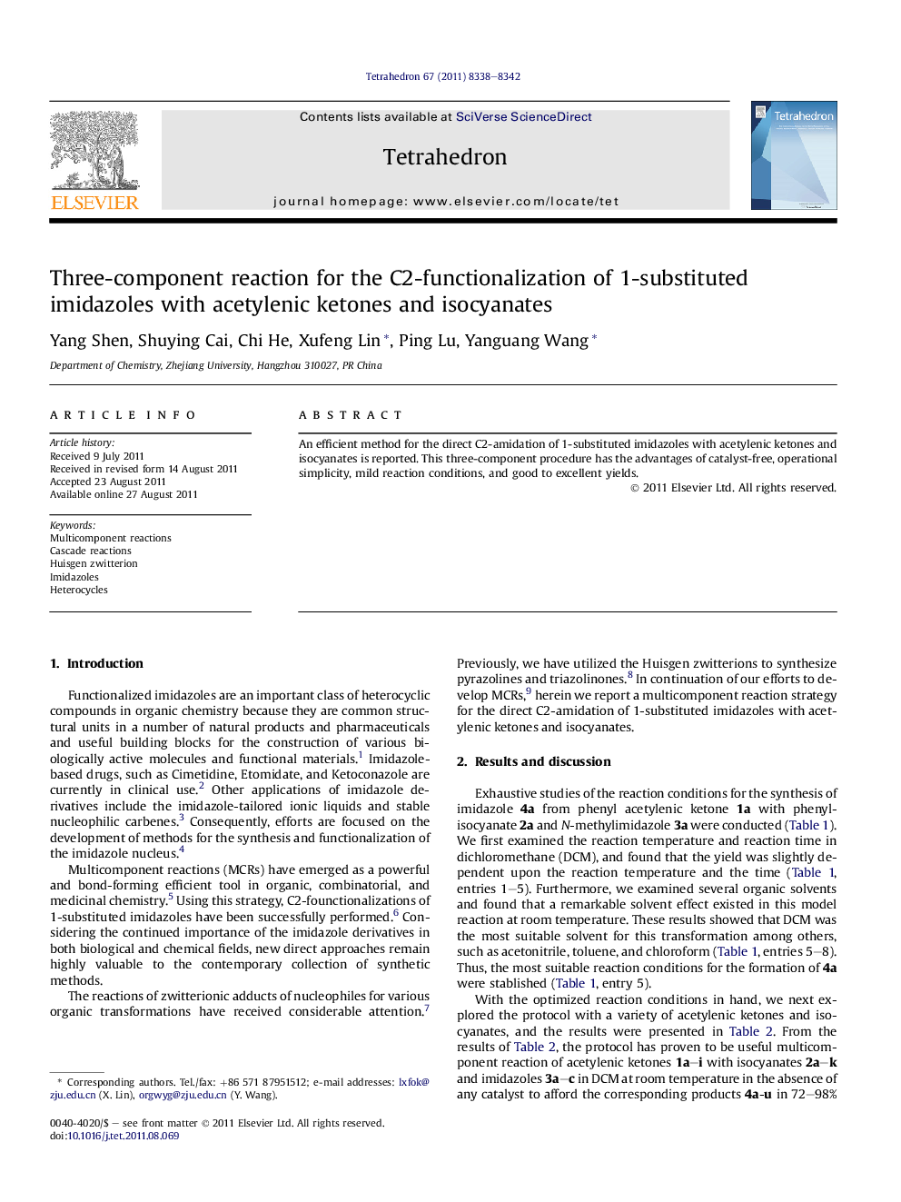 Three-component reaction for the C2-functionalization of 1-substituted imidazoles with acetylenic ketones and isocyanates