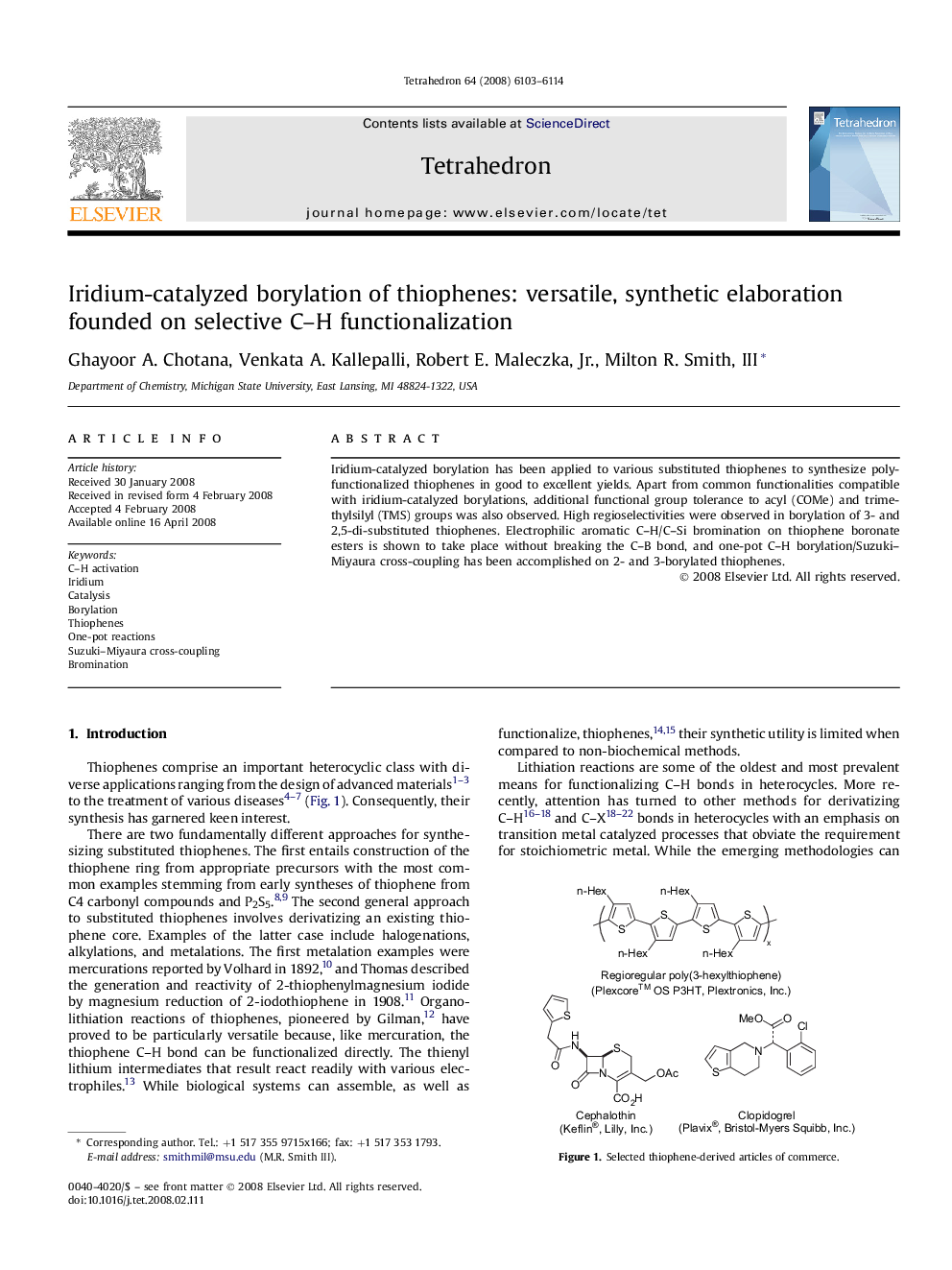 Iridium-catalyzed borylation of thiophenes: versatile, synthetic elaboration founded on selective C-H functionalization